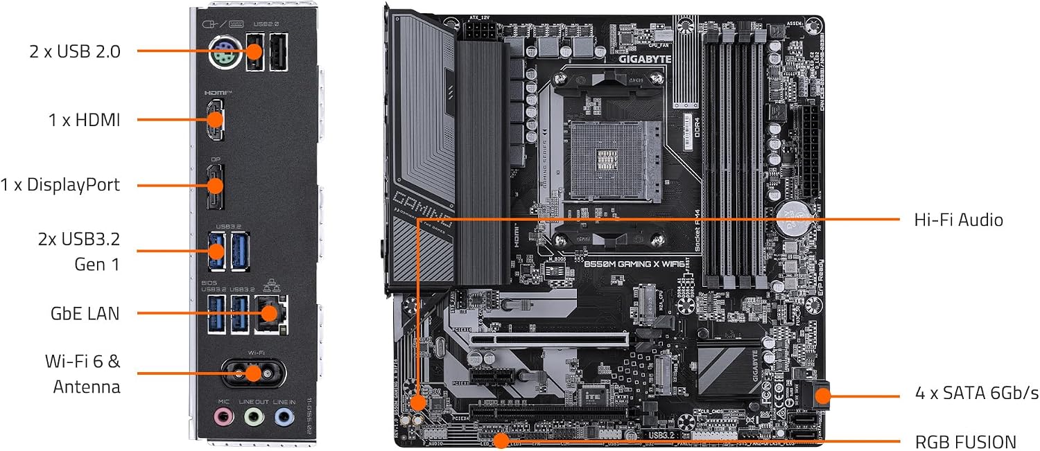 GIGABYTE B550M Gaming X WIFI6 AMD AM4 mATX Motherboard, Supports Ryzen 5000/4000/3000 Series, DDR4, 5+3 Power Phase, 2X M.2, PCIe 4.0, WIFI6, GbE LAN, PCIe EZ-Latch, WiFi EZ-Plug, RGB Fusion