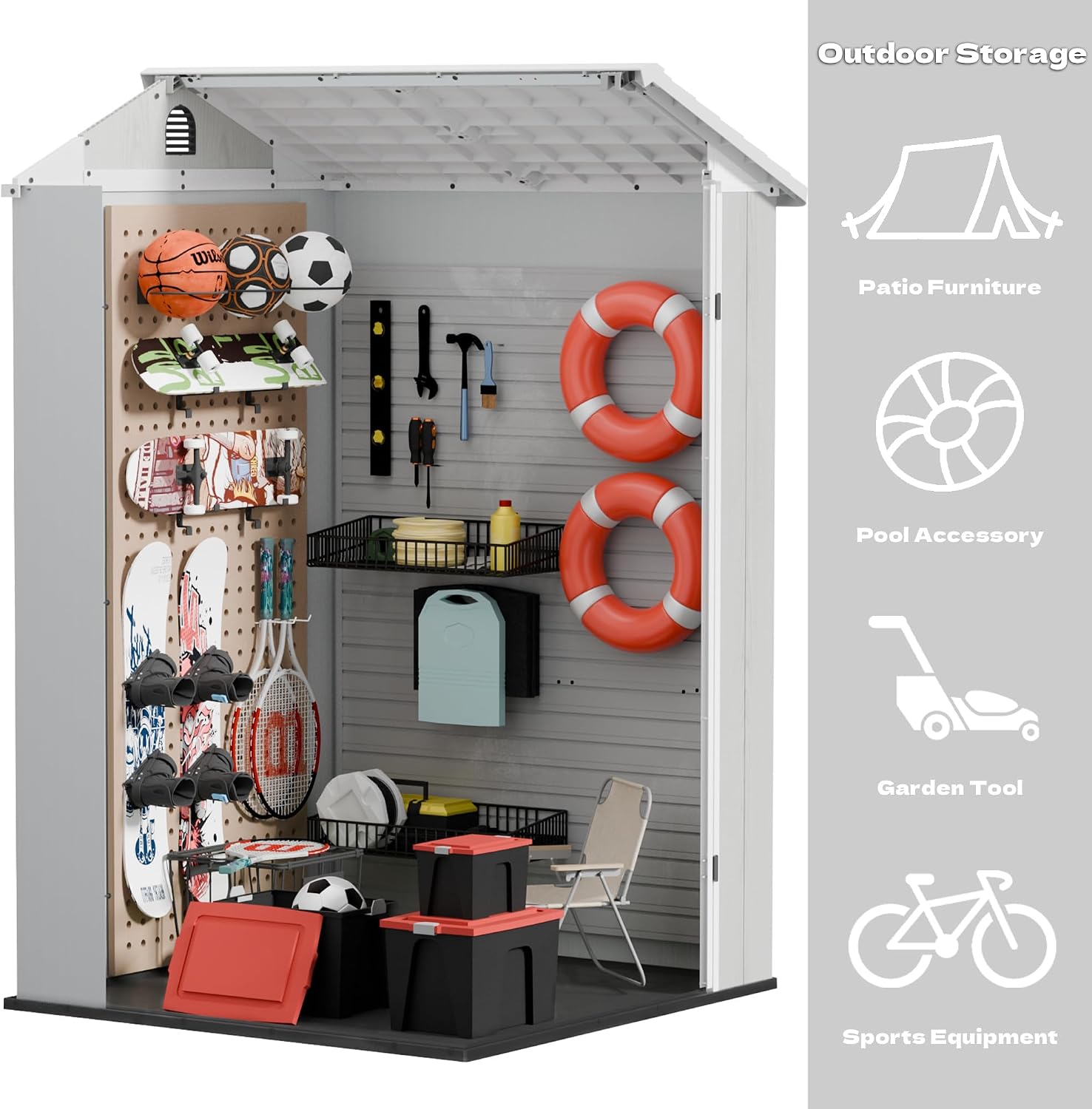 Devoko 4x4 FT Outdoor Shed, Compact & Secure Plastic Resin Storage with Lockable Door, Features Built-in Floor & Window for All-Weather Garden, Patio, and Poolside Organization, Light Gray