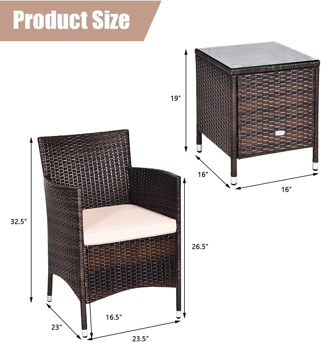 COSTWAY 3 PCS Patio Furniture Set, Outdoor Wicker Conversation Set with Tempered Glass Coffee Table, Seat Cushions, Rattan Wicker Chairs for Poolside Balcony Porch Backyard, Beige