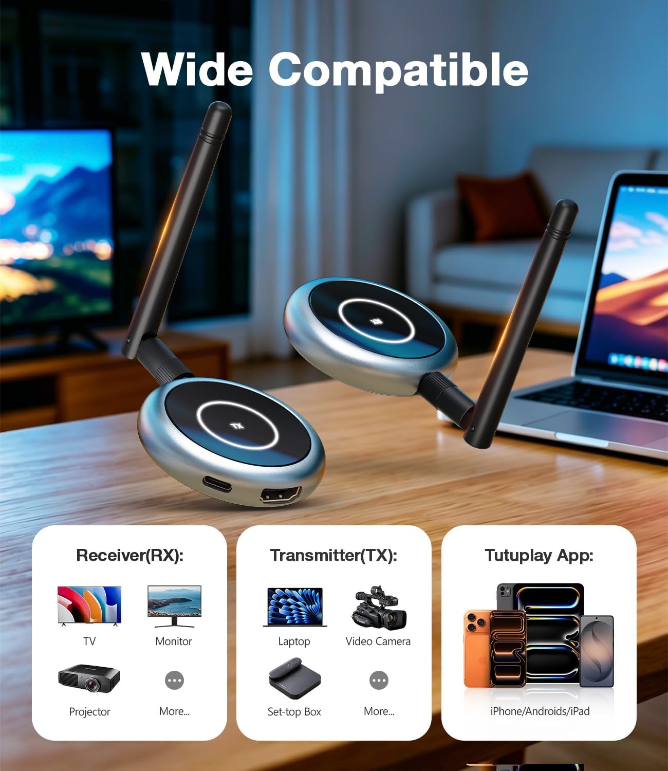 AIMIBO 2026 Wireless HDMI Transmitter and 2 Receivers, 4K Decode 1080P@60Hz, 656FT/200M, Tutuplay App Mirror, 5.8G HDMI Wireless Extender for Laptop, PC, Camera, TV Box to TVs, Projectors, Monitors