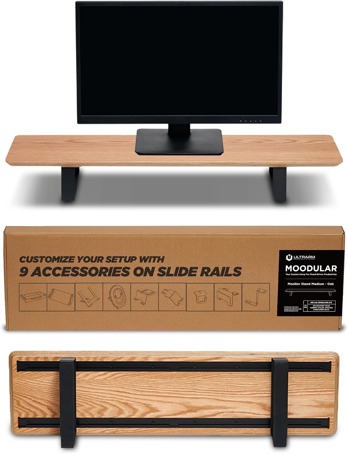 ULTRARM Moodular Wooden Monitor Stand 33.4' (85cm) Desk Organizer with Metal Slide Rails for Drawer, Tray, Laptop, Tablet, Phone & Headphones Customizable Riser for Organized Workspace Oak MS85-O