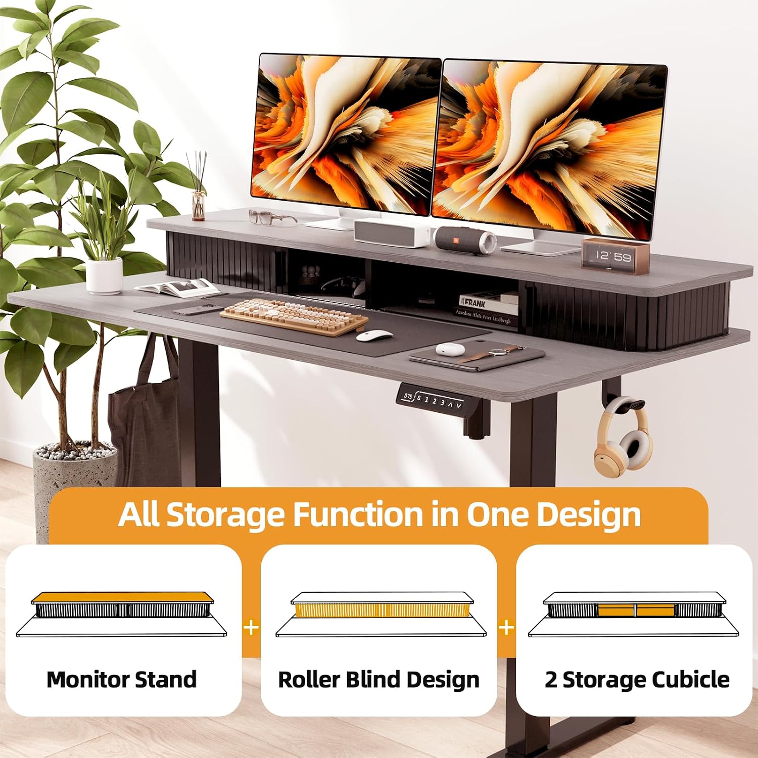 JOY worker Height Adjustable Electric Standing Desk with Storage Shelves, 48 Inch Table with Built-in Monitor Stand, Sit Stand Desk with 2 Hooks for Home Office, Grey Desktop & Black Frame