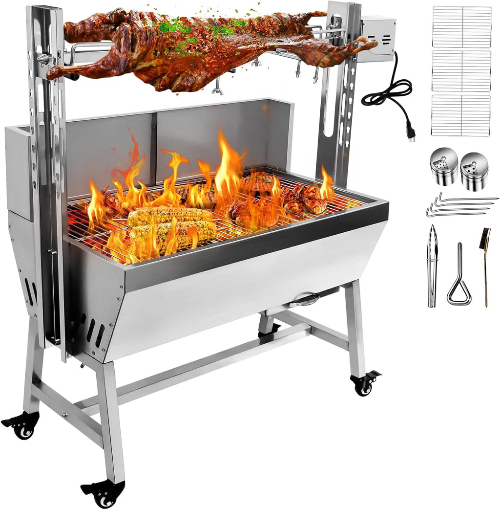 132lbs Outdoor Rotisserie Grill with Back Cover Guard, Small Pig Whole Lamb Stainless Steel Rotisserie Roaster, 37' BBQ Charcoal Rotisserie Roaster Grill