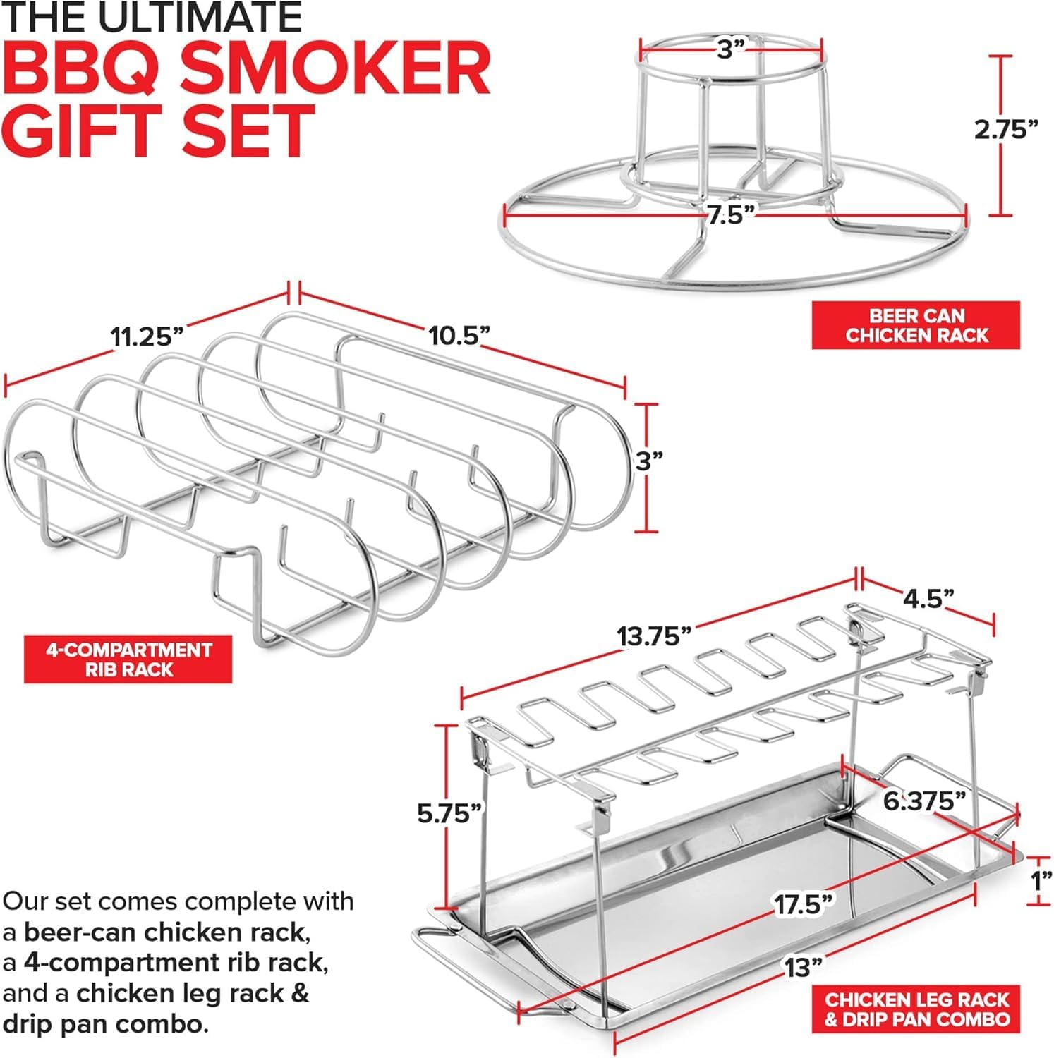 Modern Innovations Grill Rack Set (3 Pack), Chicken Leg Rack, Beer Can Chicken Holder, Rib Rack, Smoker Accessories and BBQ Gift Set