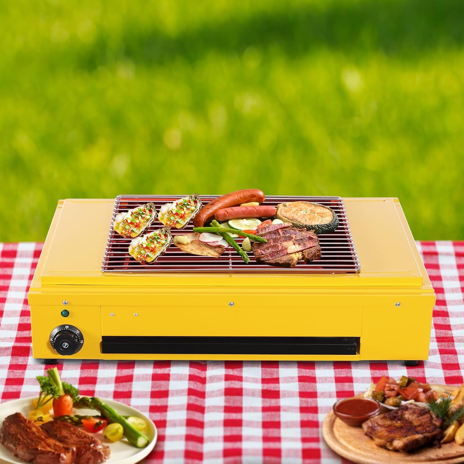 Single Head Temperature Controlled Electric Grill, Adjustable Temperature Control to 572℉, Portable Outdoor Barbecue Grill, Household And Commercial Electric Skewer Grill Yellow