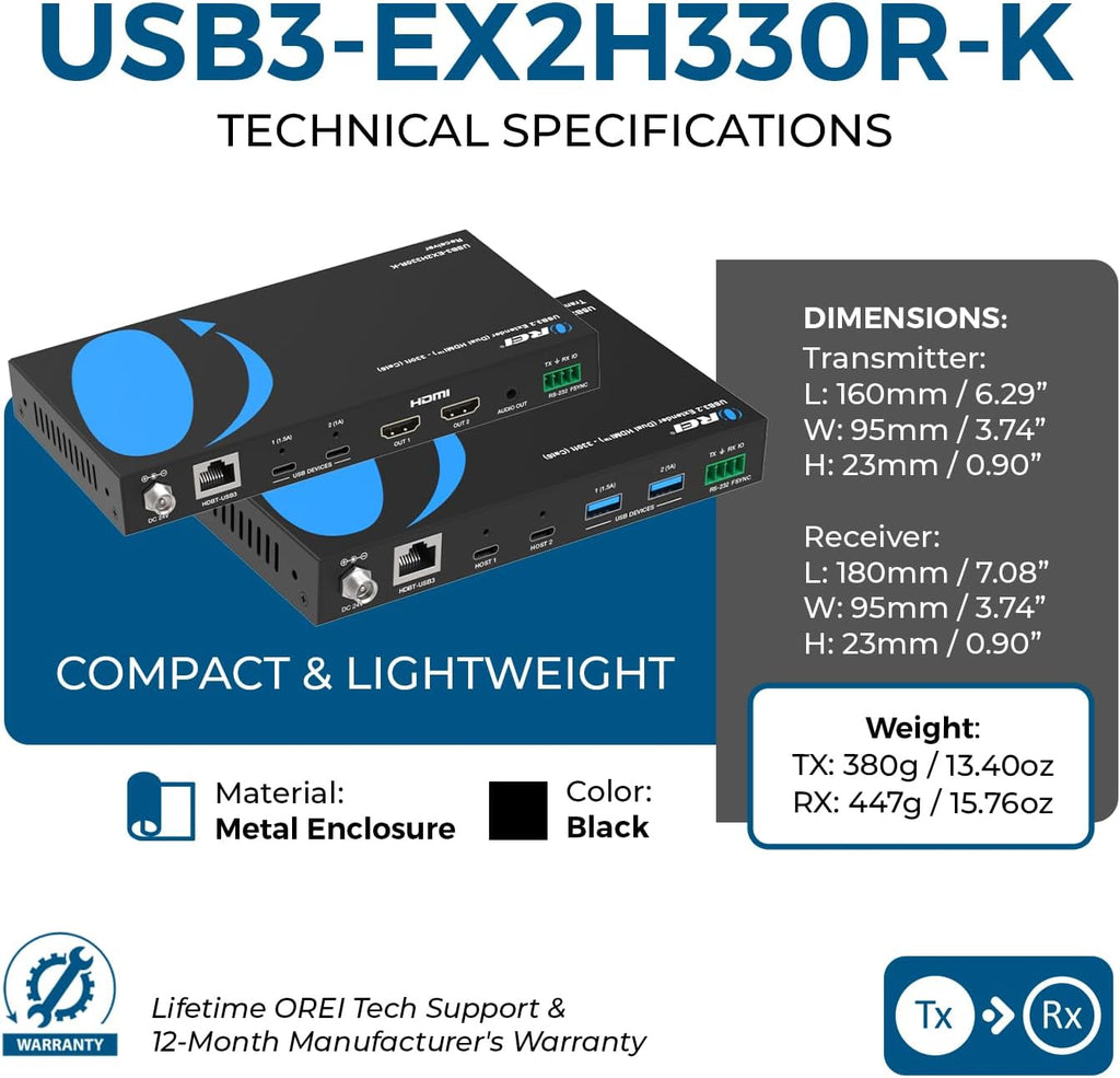 OREI SplitXtend 4K Dual Monitor Over Ethernet KVM USB 3.2 Cat6 Extender LAN Upto 330 Feet - DisplayLink HDMI Dual Host Extends 2X USB-C/ 2X USB-A - RS-232, PoC