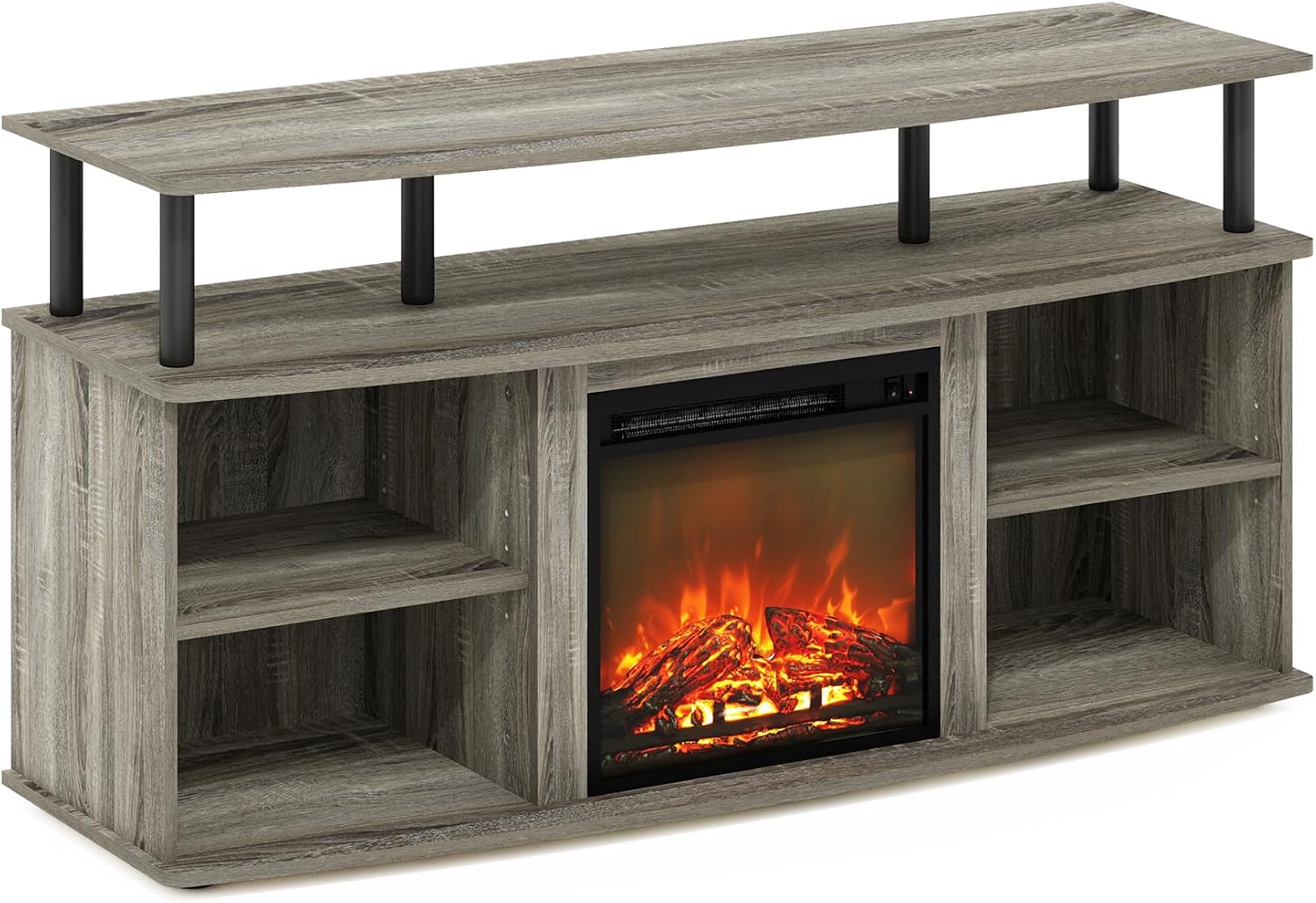 Furinno Jensen Fireplace TV Stand, Entertainment Center, TV Console for TV up to 55 Inch with Fireplace and Open Shelving Storage, for Living Room, Bedroom, French Oak Grey