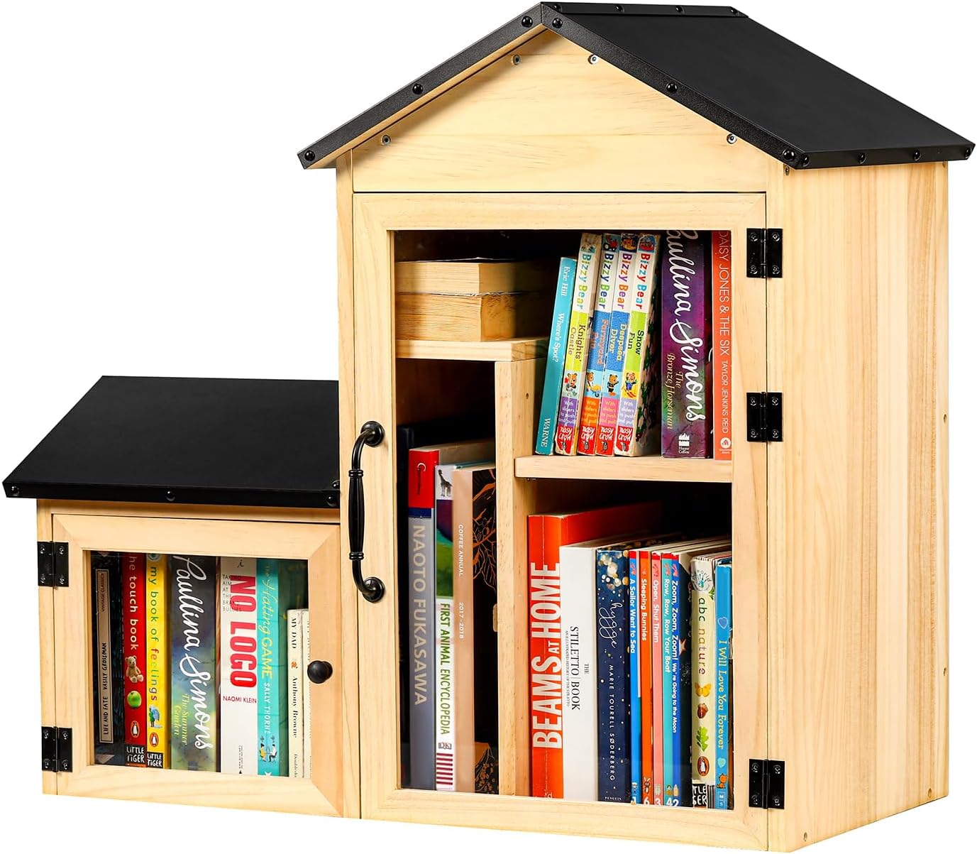 Outdoor Library Book Box, Solid Wood Free Library with Large & Small Compartments, Waterproof Coating & Metal Joint Trim, Adjustable Storage, Easy Install Community Book, Literature, Newspaper Sharing