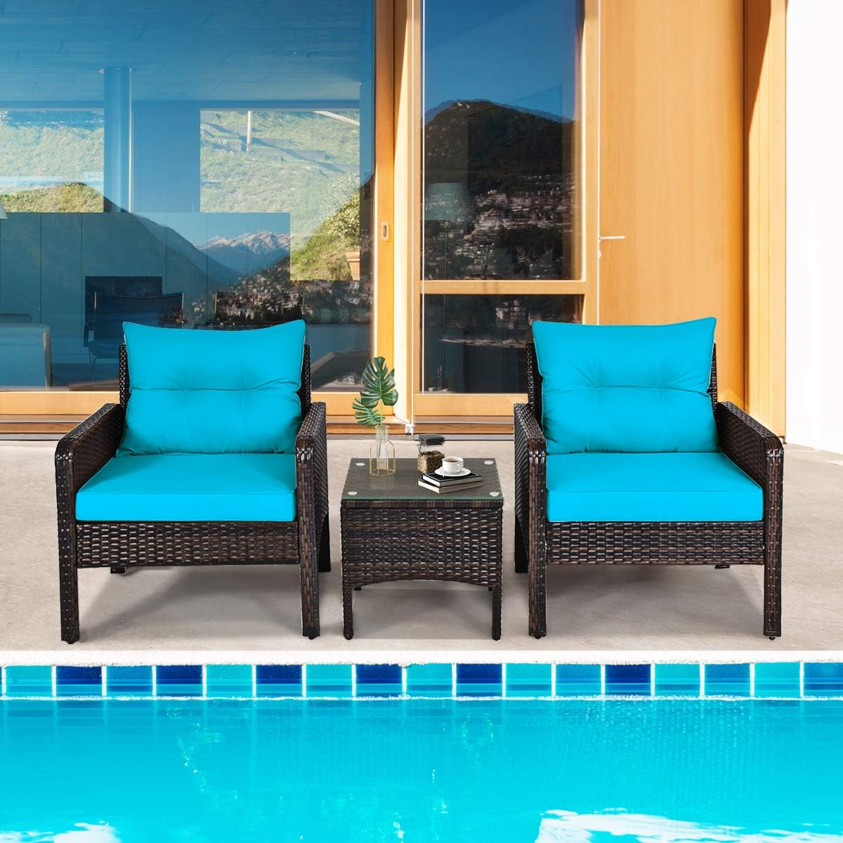 COSTWAY 3PCS Patio Furniture Set, Outdoor Wicker Cushioned Sofa Set with Coffee Table, All Weather Rattan Conversation Set for Garden Balcony Backyard Poolside Lawn, Turquoise