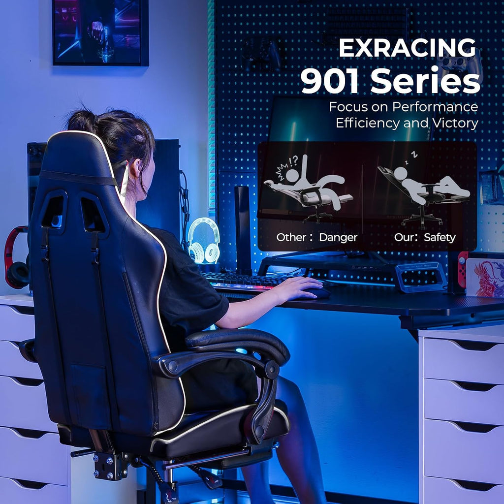 EXRACING Gaming Chair Ergonomic Computer Chair with Footrest and Lumbar Support, Height Adjustable High Back Leather Office Chair, 360° Swivel with Linked Armrest, for Adult and Teen