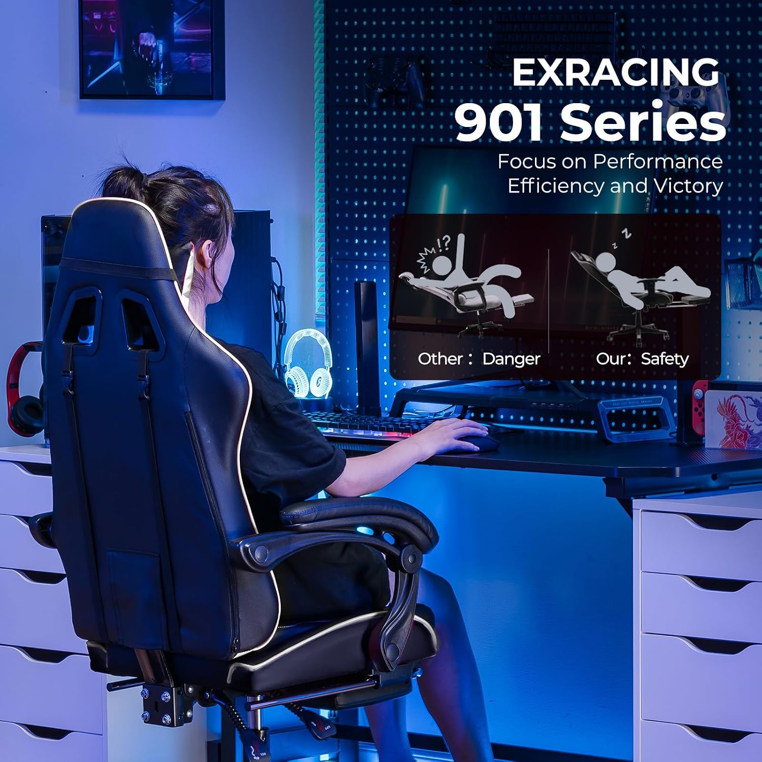 EXRACING Gaming Chair Ergonomic Computer Chair with Footrest and Lumbar Support, Height Adjustable High Back Leather Office Chair, 360° Swivel with Linked Armrest, for Adult and Teen