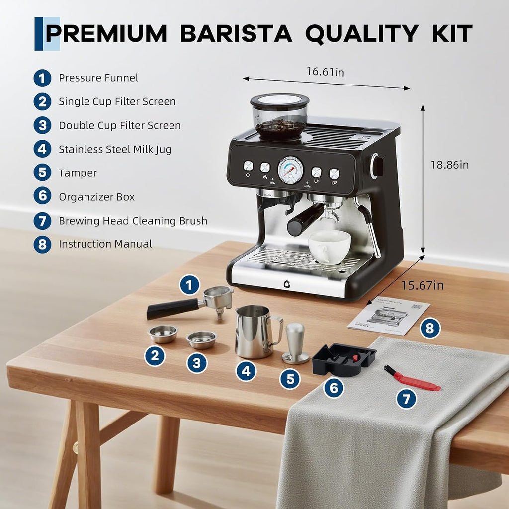 20-Bar Espresso Coffee Machine with Built-In Grinder, 2.8L Removable Tank, Adjustable Shot Volume & Steam Wand, Stainless Steel Coffee Maker for Home or Office