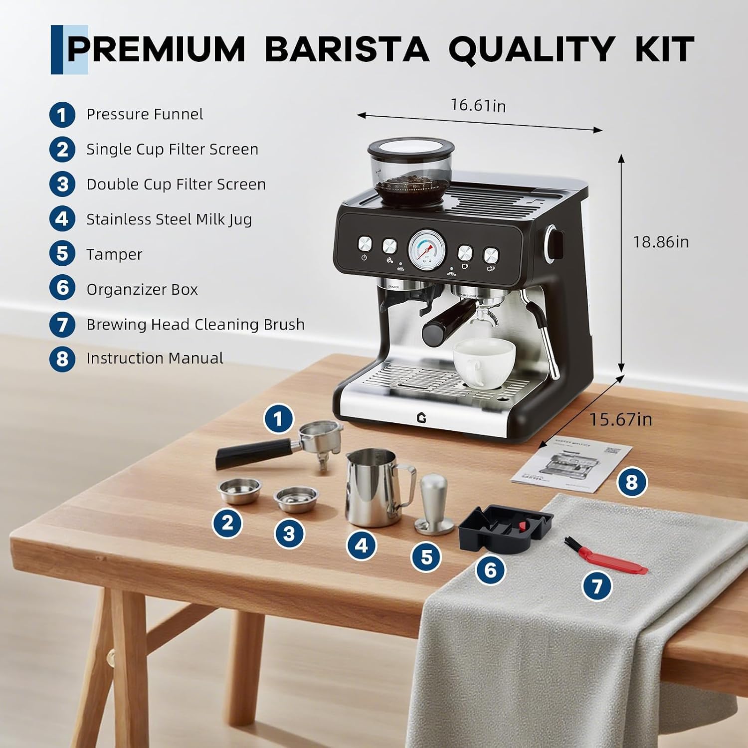 20-Bar Espresso Coffee Machine with Built-In Grinder, 2.8L Removable Tank, Adjustable Shot Volume & Steam Wand, Stainless Steel Coffee Maker for Home or Office
