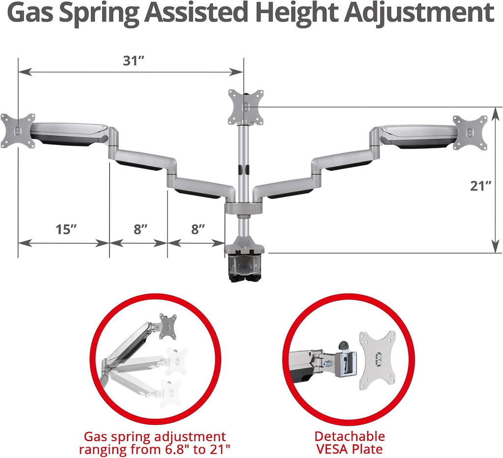 SIIG Triple Monitor Desk Mount-13 to 32',Silver,Premium Gas Spring,for Flat Panel/Curved Monitor,Fully Adjustable, 3 Display(s),Load Bearing 15.4 lbs max Each,VESA 75 x 75, 100 x 100 CE-MT3611-S1