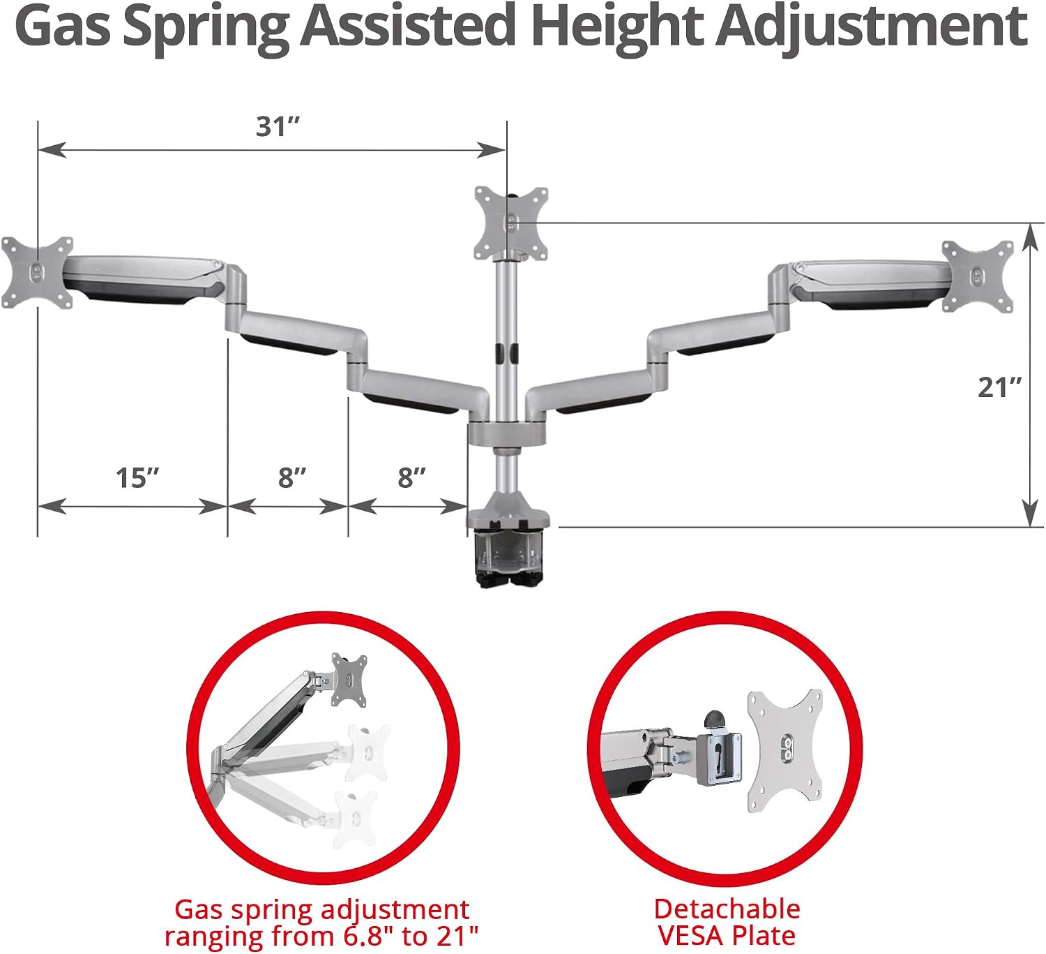 SIIG Triple Monitor Desk Mount-13 to 32',Silver,Premium Gas Spring,for Flat Panel/Curved Monitor,Fully Adjustable, 3 Display(s),Load Bearing 15.4 lbs max Each,VESA 75 x 75, 100 x 100 CE-MT3611-S1