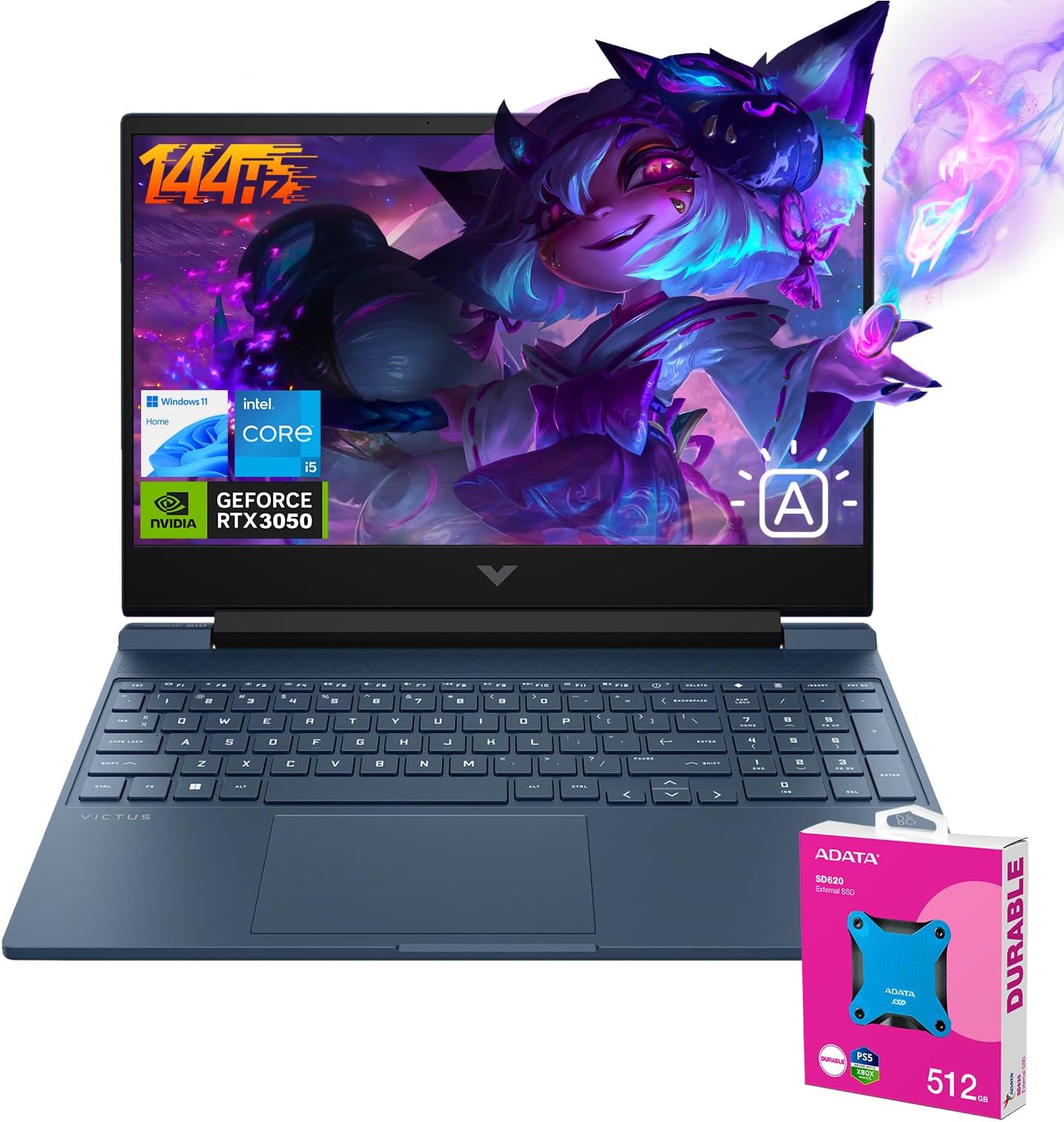 HP Victus 15 i5 Gaming Laptop | 15.6' FHD 144Hz | Intel Core i5-12450H | NVIDIA GeForce RTX 3050 | 64GB RAM 2TB SSD | Backlit KB | HDMI | Wi-Fi 6 | Windows 11 Home | ADATA 512GB External SSD Bundle