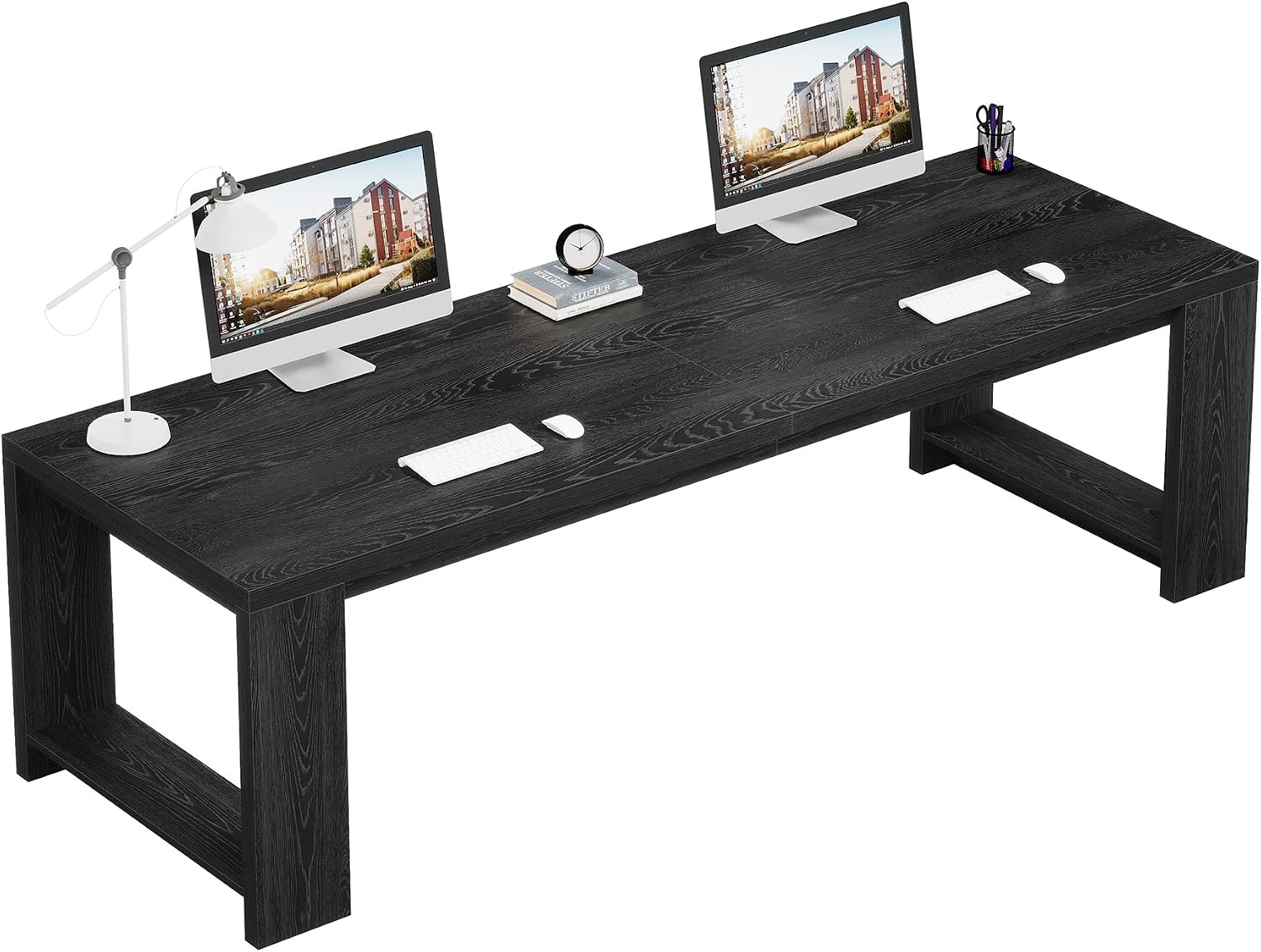 Tribesigns Two Person Desk, 86.6 Inch Extra Long Desk, Double Computer Writing Table, Wood Office Desks Workstation for Home Office, Black