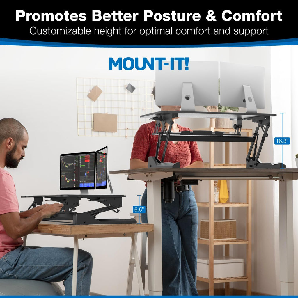 Mount-It! Standing Desk Converter - Height Adjustable Stand Up Riser with Manual Lift, 36.5' x 22' Desktop, Stand up Convertor in Black, Fits Dual Monitors, Laptop and Keyboard Mouse Tray