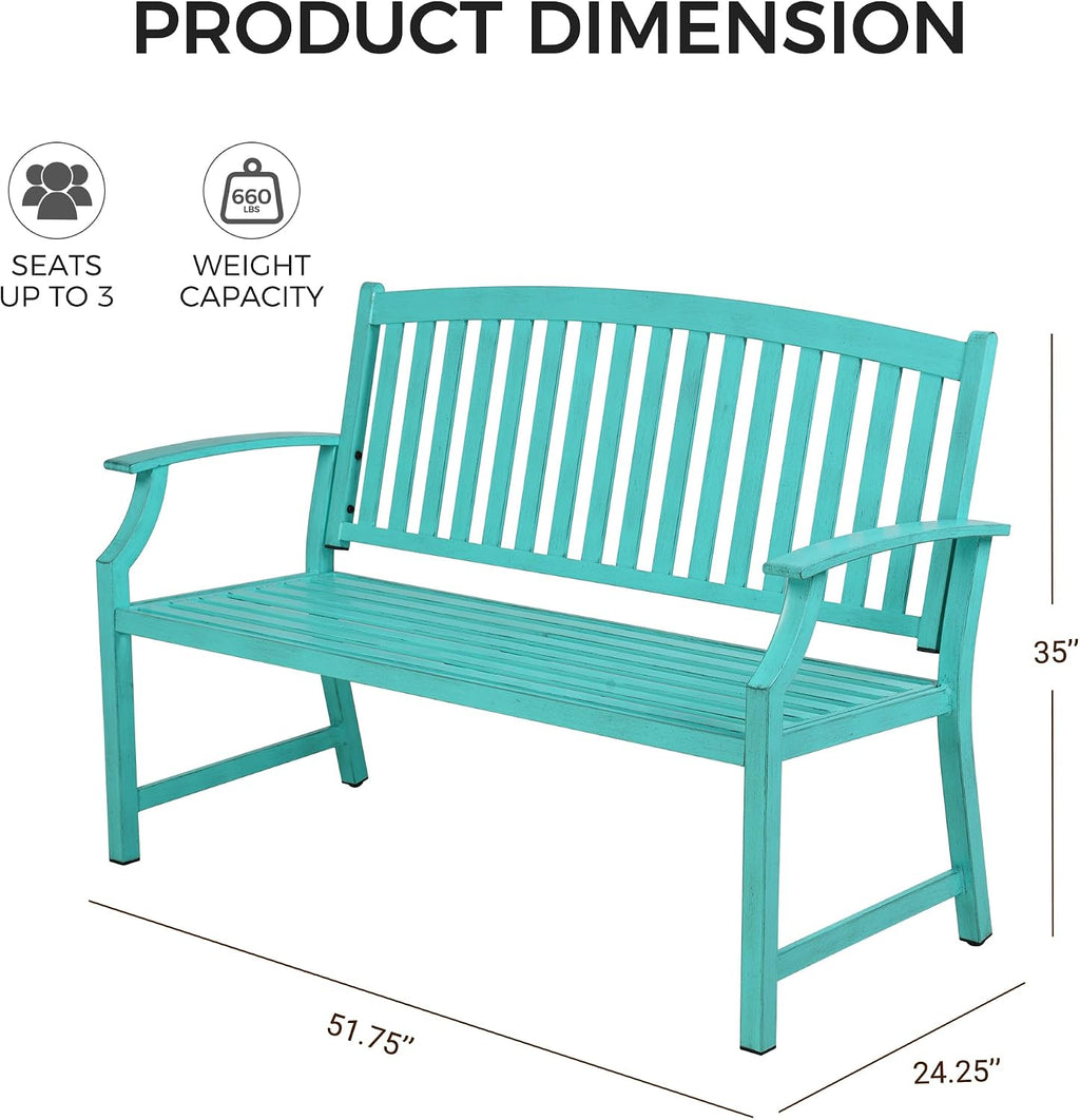 Grand patio 52' Farmhouse Outdoor Bench, Garden Benches with Anti-Rust Aluminum Powder Coated Frame, Faux Wood Grain Finish Frame Patio Bench for Front Porch, Turquoise Blue