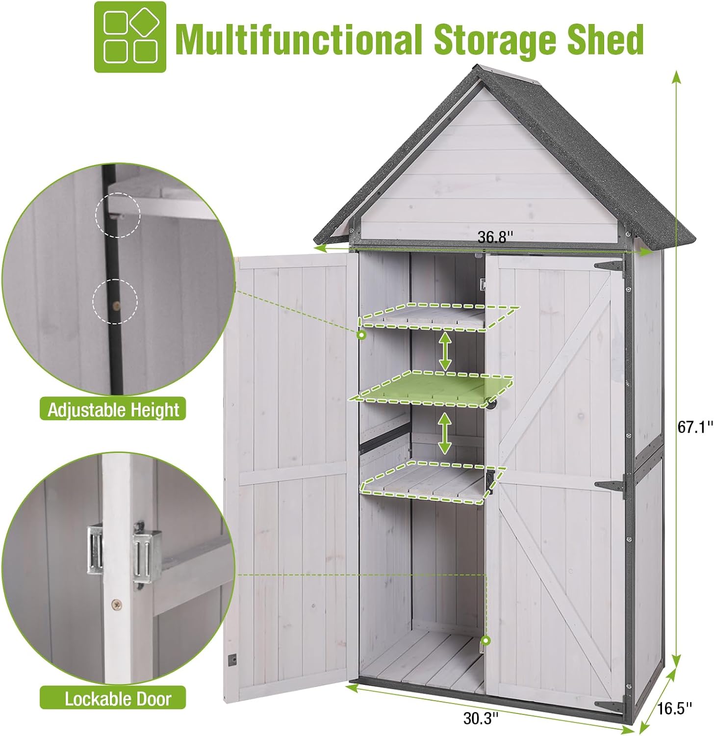 Outdoor Storage Shed with All Around Strong Metal Frame, Garden Shed with Floor, Wooden Tool House with Adjustable Shelfs, for Backyard Garden Patio Lawn (Grey, Extra Large)