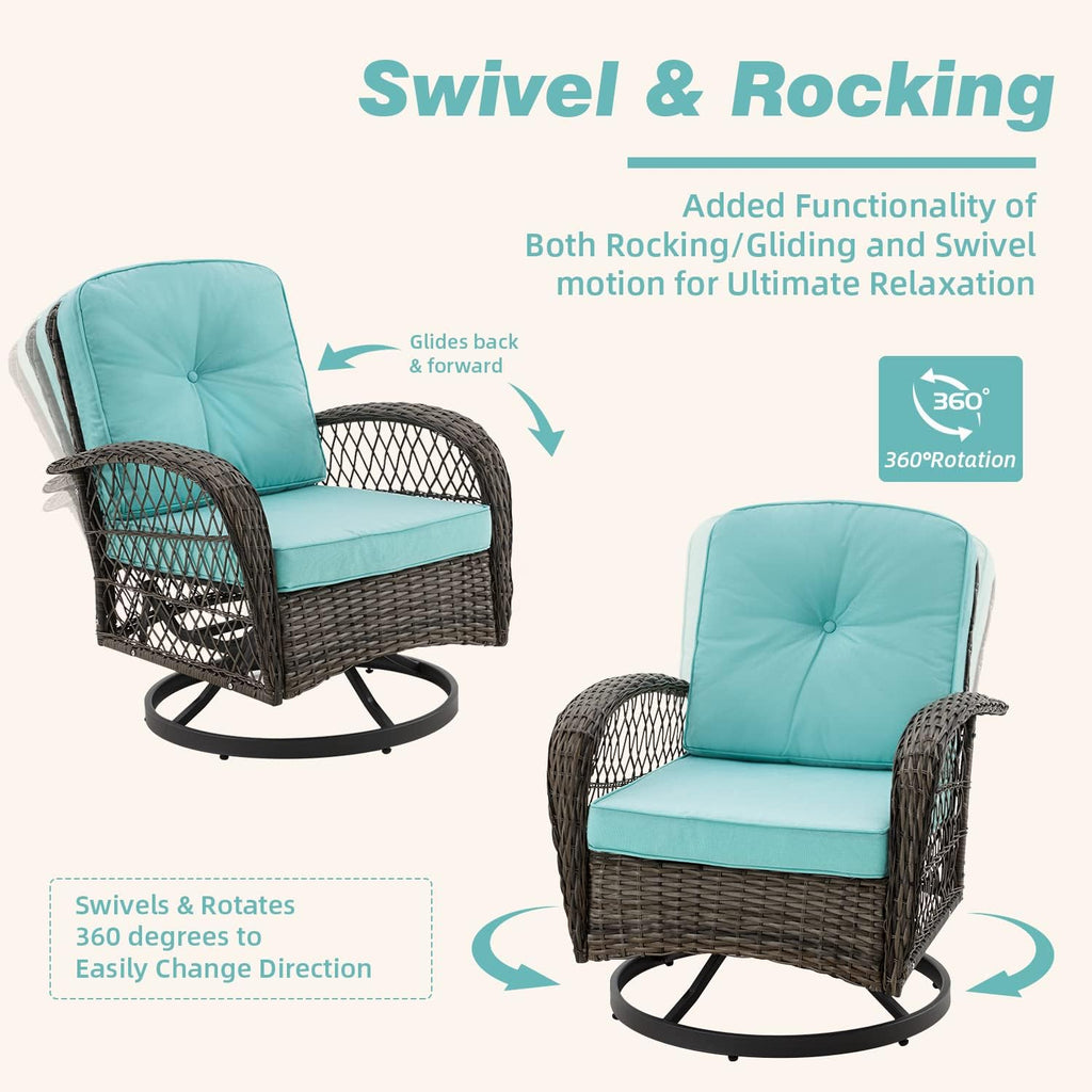 MELLCOM 3 Pieces Patio Furniture Set, Outdoor Swivel Rocker Patio Chairs, Wicker Patio Bistro Set with Rocking Chair, Thickened Cushions and Glass Coffee Table for Backyard, Garden, Peacock Blue