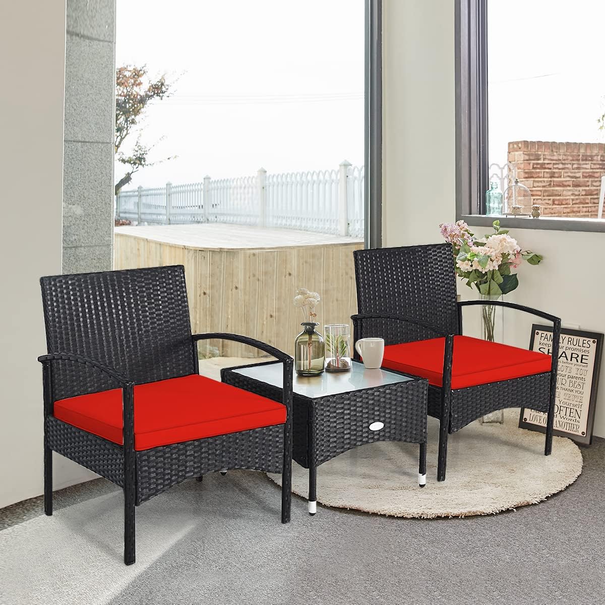 HAPPYGRILL 3 Pieces Patio Furniture Set Outdoor Conversation Set Rattan Wicker Bistro Set with Glass Coffee Table & Soft Cushions for Balcony Garden Poolside