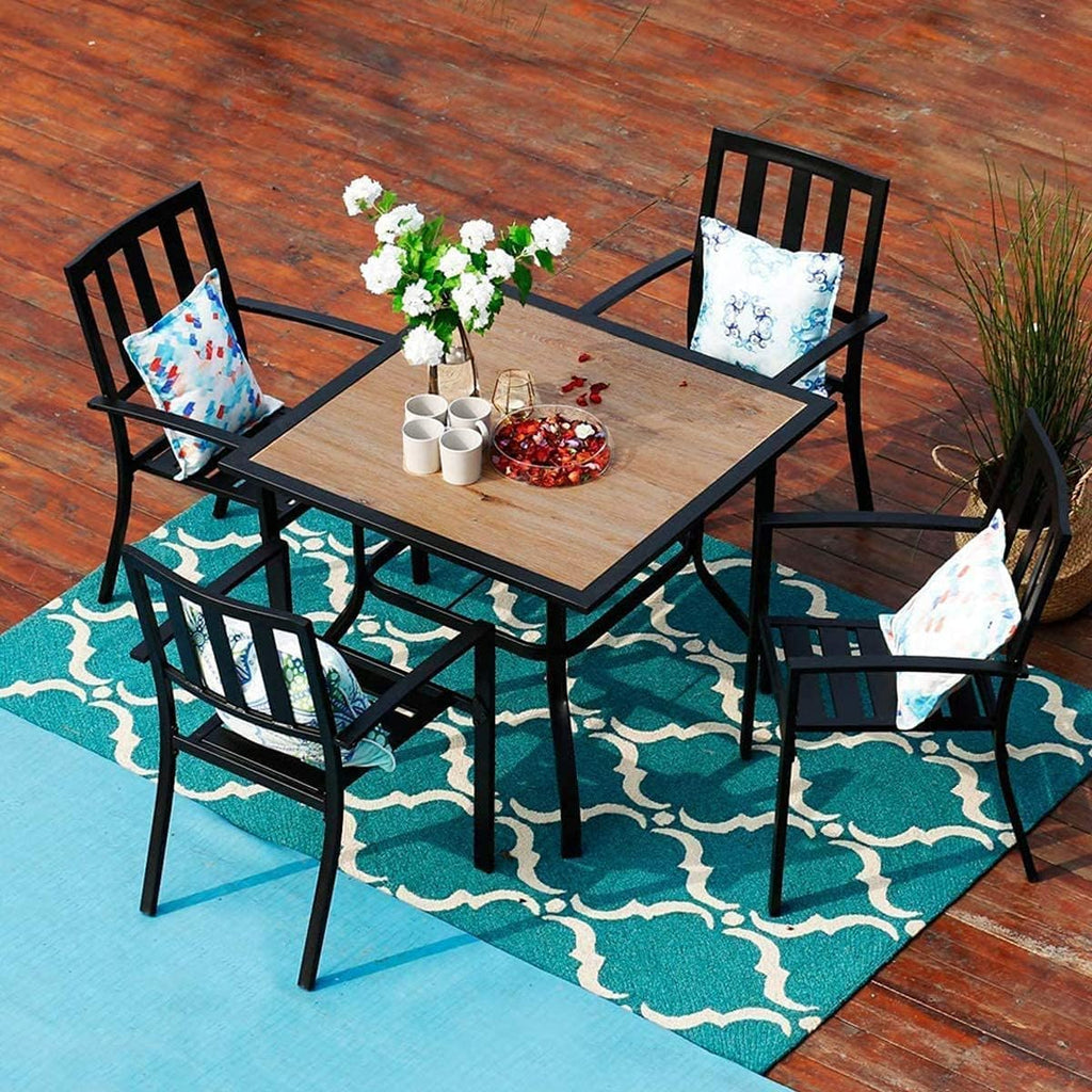 PHI VILLA 5 Pieces Outdoor Dining Set for 4, 37' Square Metal Table with Polywood Top & Stackable Wrought Iron Chairs, Outside Furniture Set for Patio, Deck, Backyard, Porch