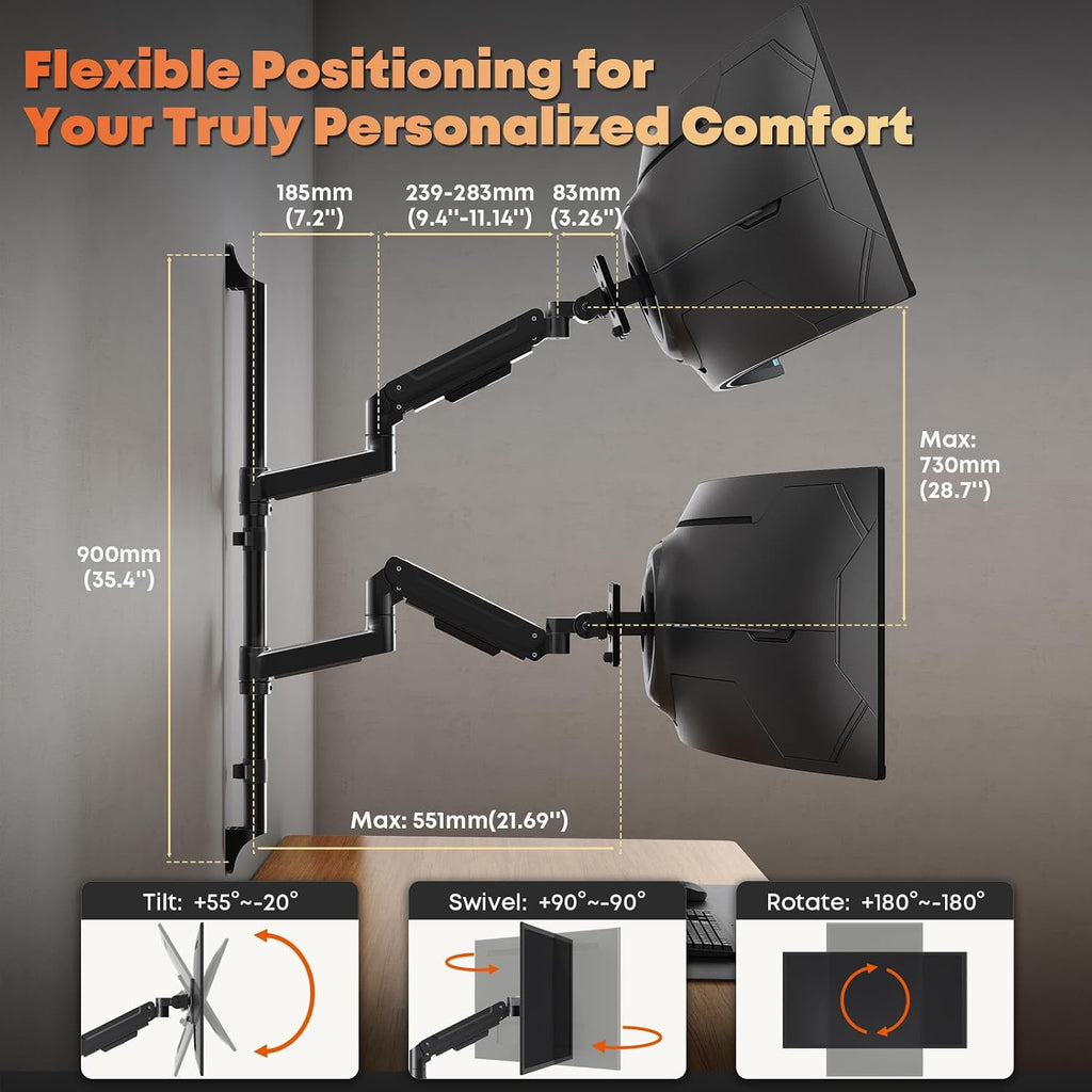 17-49' Dual Monitor Wall Mount - Fits Ultrawide Screens, Heavy Duty Gas Spring Arm with Long 35.4' Pole for Max Height Adjustment, Holds 44 lbs per Arm, VESA 75/100mm, Black