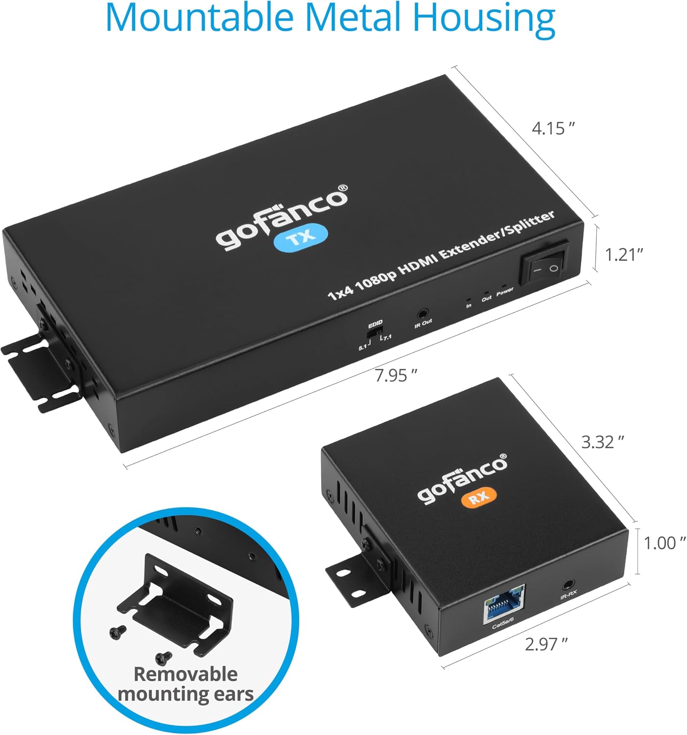 gofanco 1080p 1x4 HDMI Extender Splitter Over CAT5e/6/7 Ethernet Cable - Up to 165ft (50m), HDMI Local Loopout, PoC, EDID, IR Extension, 5.1/7.1ch Audio, Mountable, 1 in 4 Out (HDExt4P-Pro, v2.0)