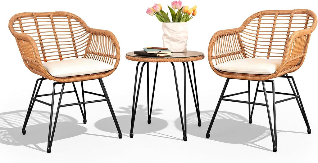 PROHIKER 3 Pieces Outdoor Wicker Bistro Patio Furniture Set, Porch Furniture Rattan Conversation Sets with Side Table and Cushions for Garden Poolside Backyard, Yellow/Beige