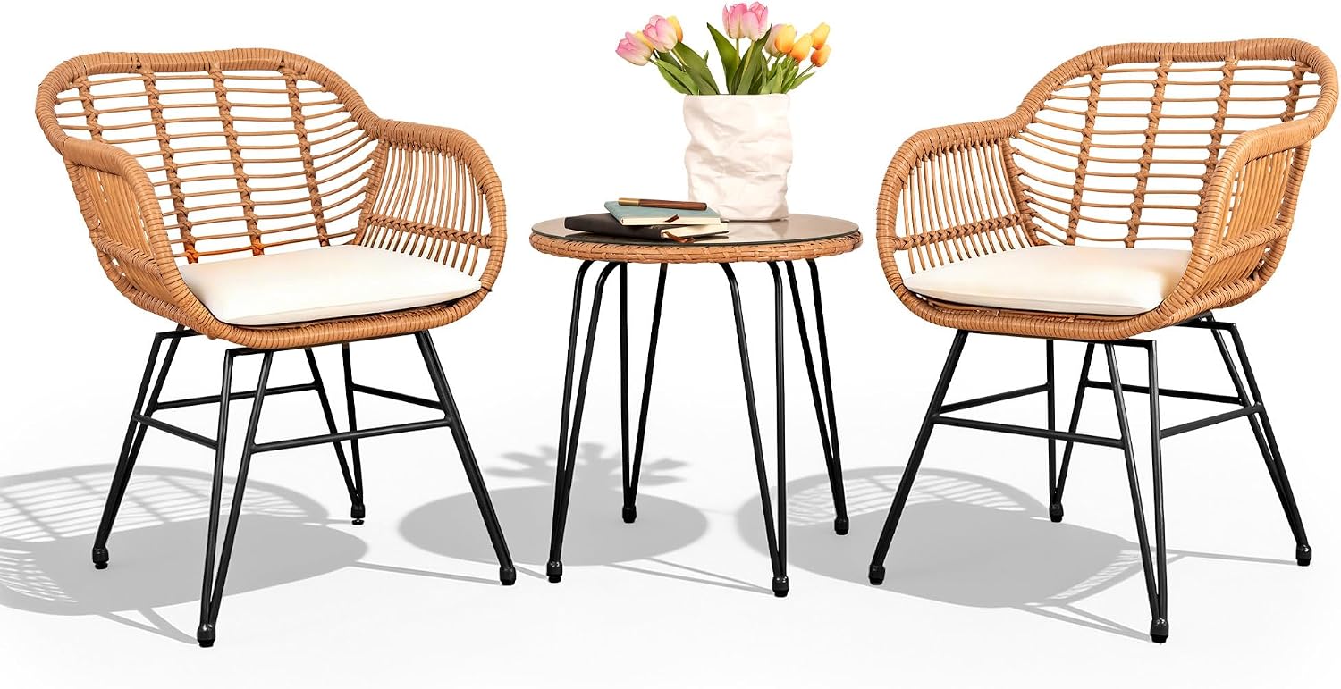 PROHIKER 3 Pieces Outdoor Wicker Bistro Patio Furniture Set, Porch Furniture Rattan Conversation Sets with Side Table and Cushions for Garden Poolside Backyard, Yellow/Beige