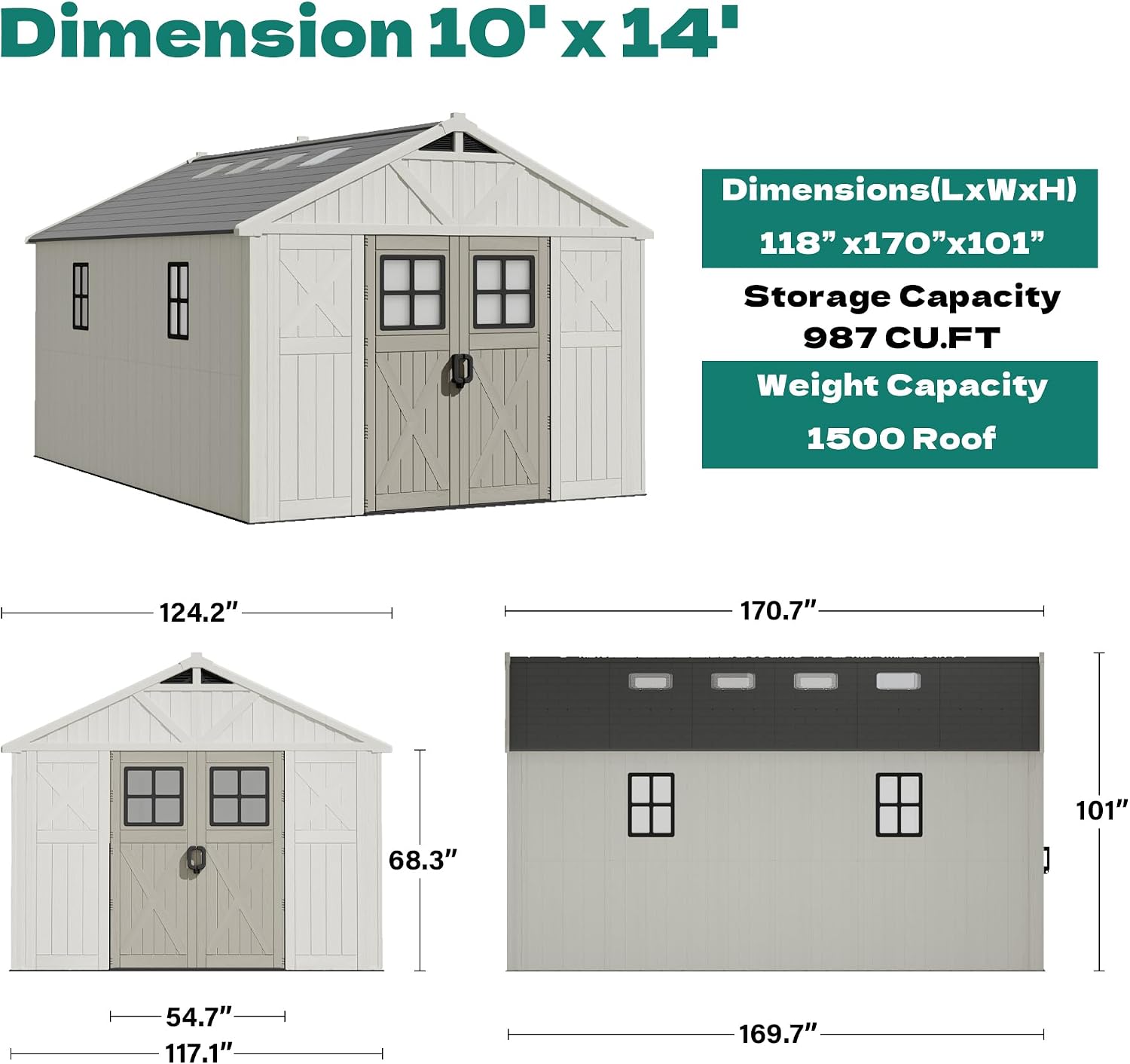 Devoko 10x14 FT Resin Plastic Outdoor Storage Shed with Windows & Floor, Beige