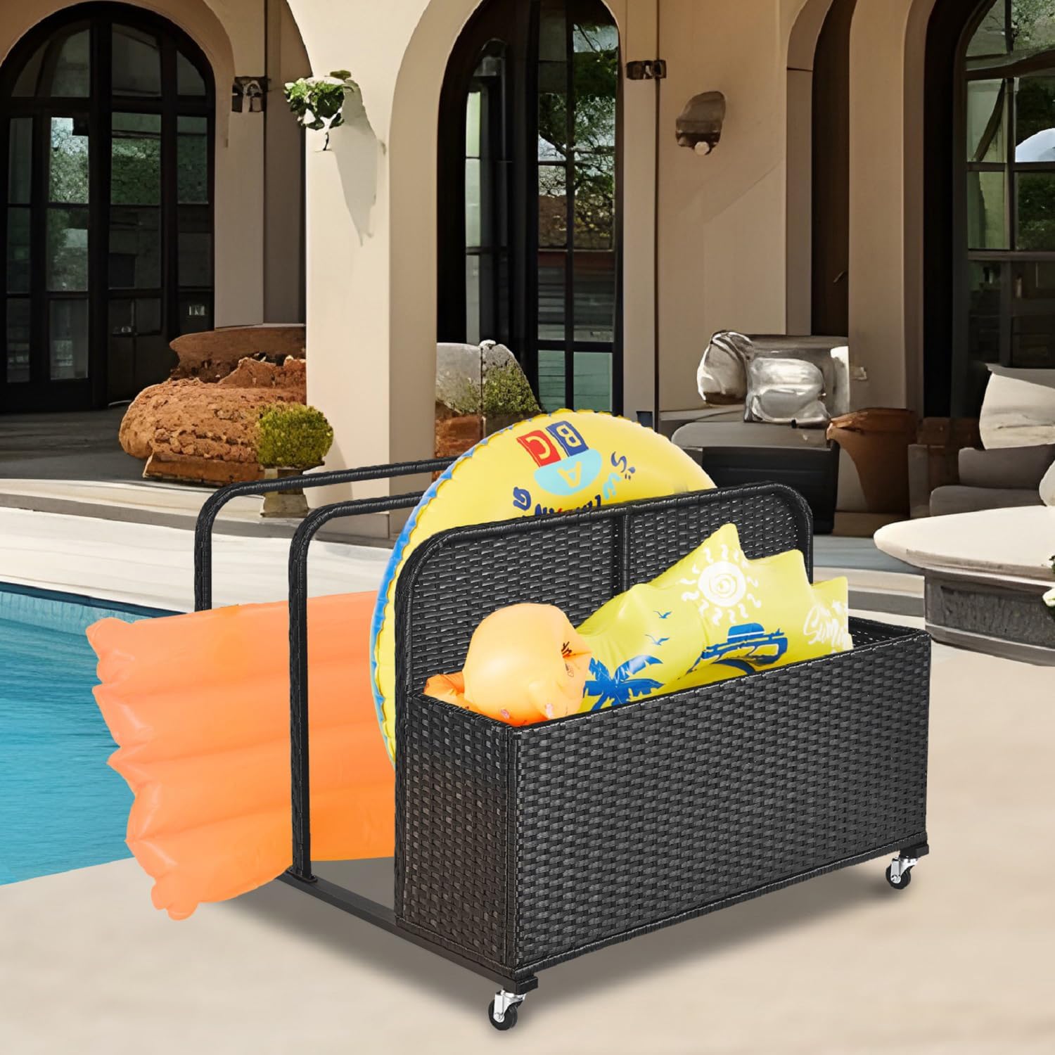 Poolside Float Storage Organizer, Pool Toy Storage Holder with Wicker Basket Outdoor Pool Float Holder Storages Rack Rolling Caddy Cart Raft Holder Storages Rack for Poolside Noodles Equipment Black