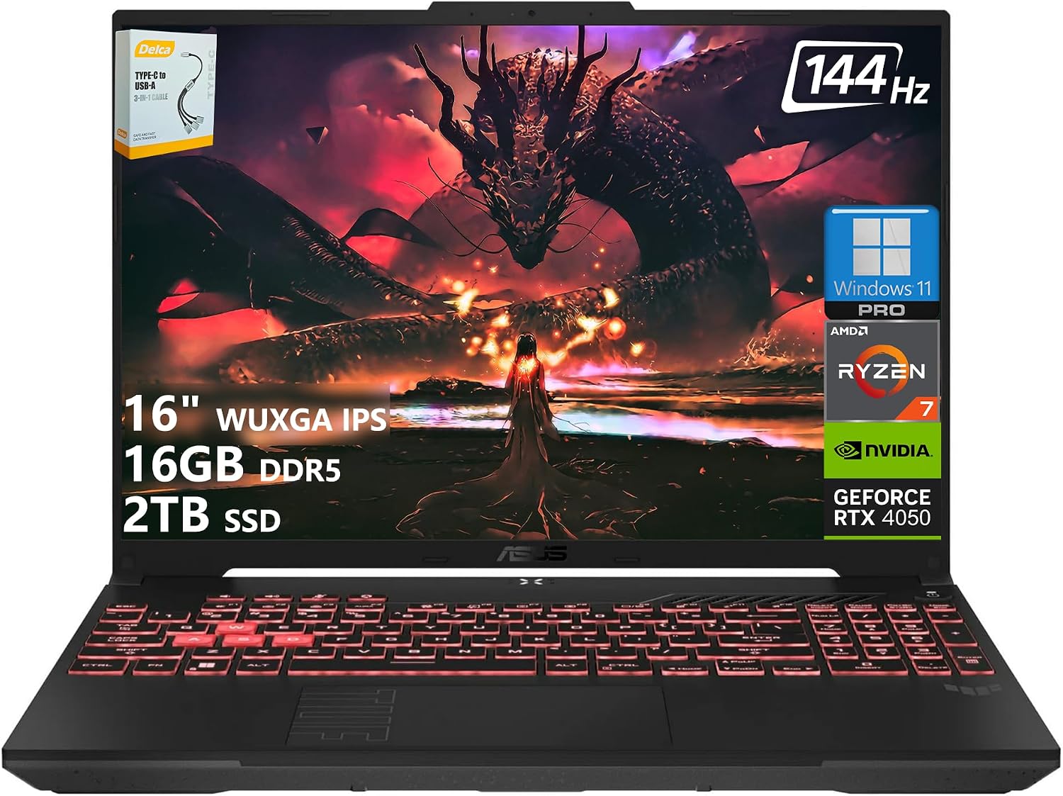 ASUS TUF A16 Gaming Laptop | 16' WUXGA IPS 144Hz | AMD 6-Core Ryzen 7 7445HS | 16GB DDR5 2TB SSD | NVIDIA GeForce RTX 4050 (194 AI Tops) | Backlit Keyboard USB 4 Wi-Fi 6 Win11 Pro w/DLCA Accessory