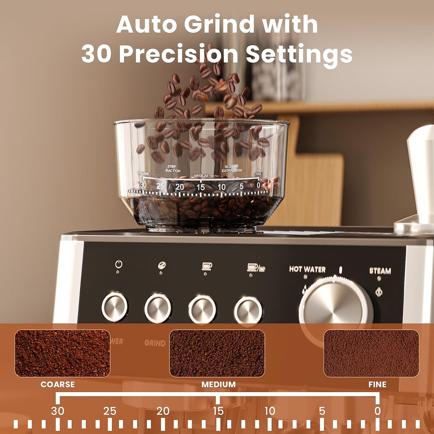 WAA Espresso Machine 20 Bar, Expresso Coffee Machines with Grinder, Espresso Maker with Milk Frother Steam Wand, Latte & Cappuccino Machine with Removable Water Tank for Home, Stainless Steel