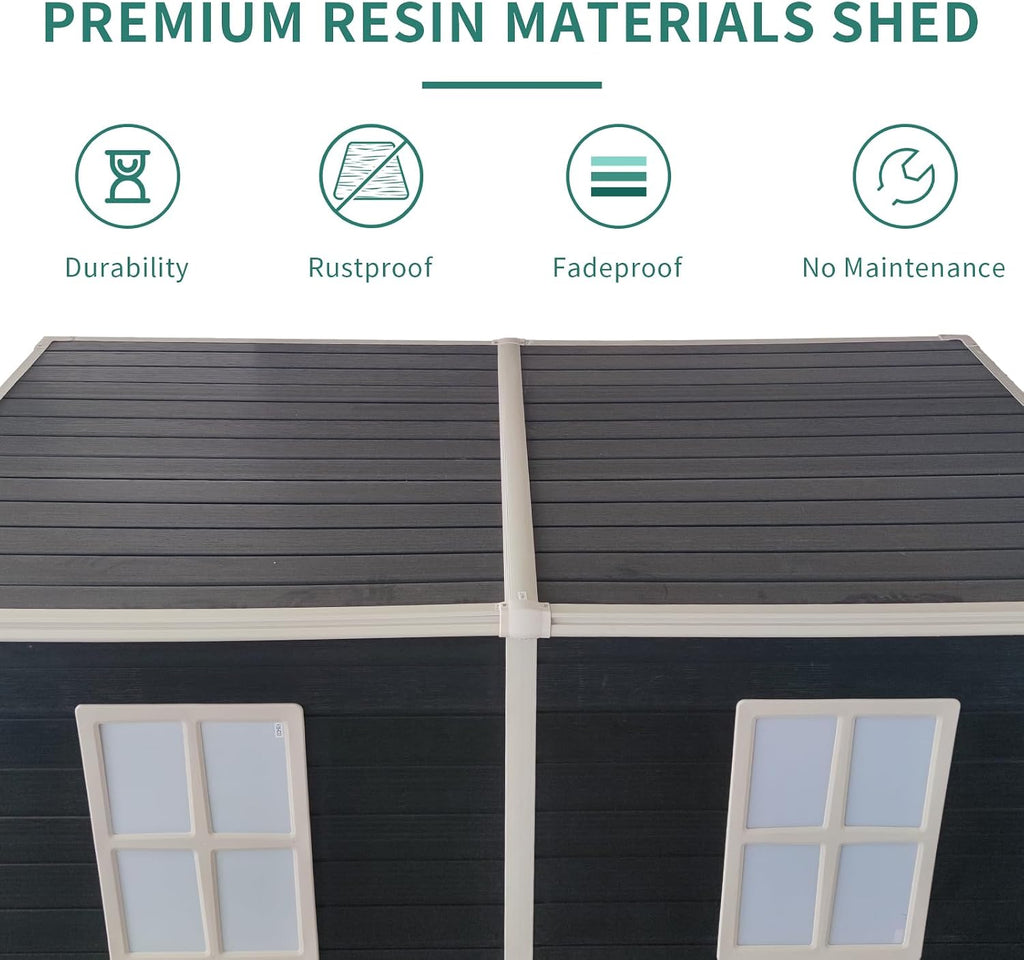 Ball & Cast 8x4FT Outdoor Storage Shed,Plastic Shed with 2 Windows and Lockable Doors, Waterpoof Garden Tool Shed with Floor Base and Vents for for Storing Bicycles,Lawnmowers,Barbeques,Black