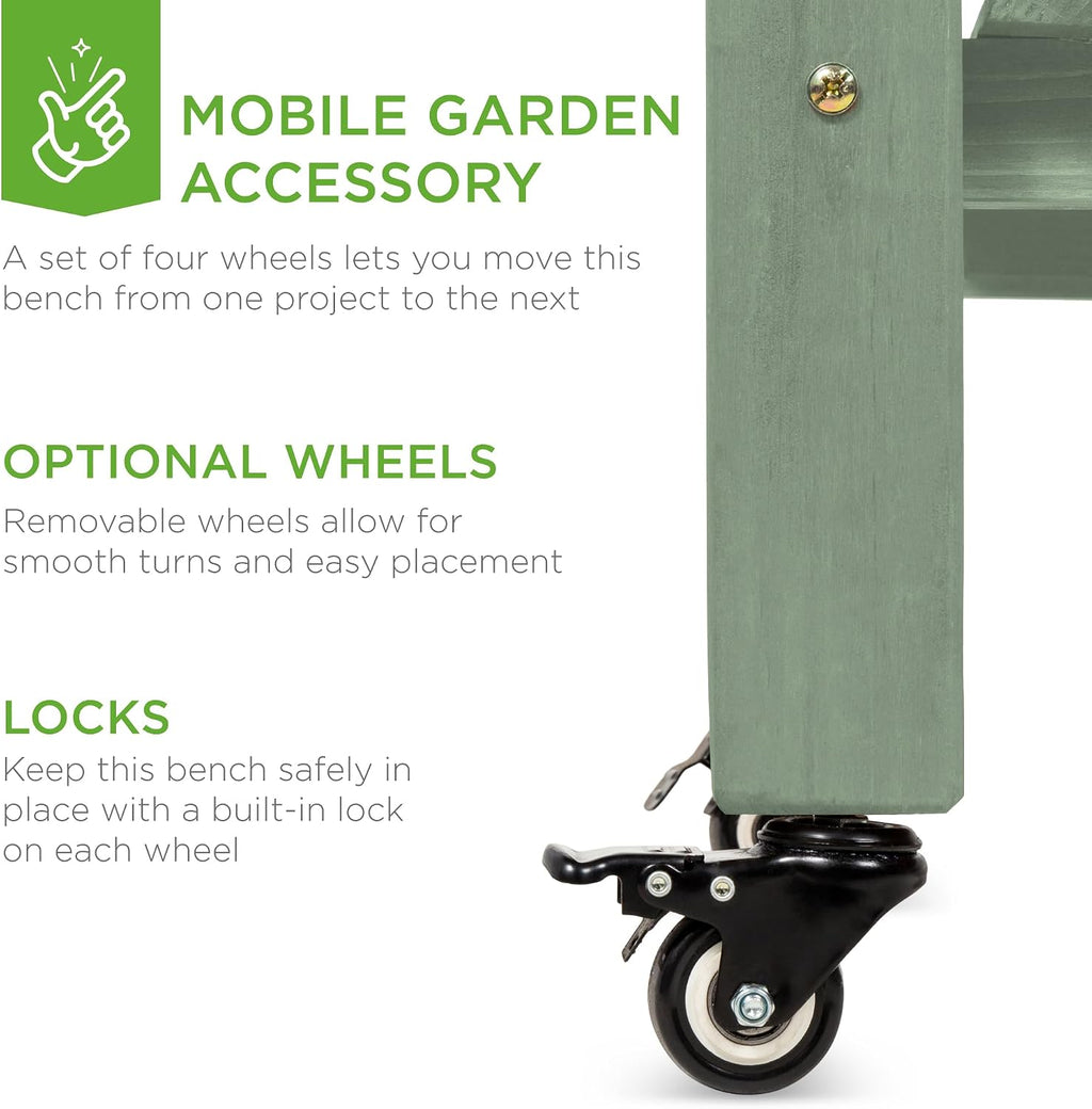 Best Choice Products Mobile Garden Potting Bench, Outdoor Wood Workstation Table w/Sliding Tabletop, 4 Locking Wheels, Food Grade Dry Sink, Storage Shelves - Sage Green