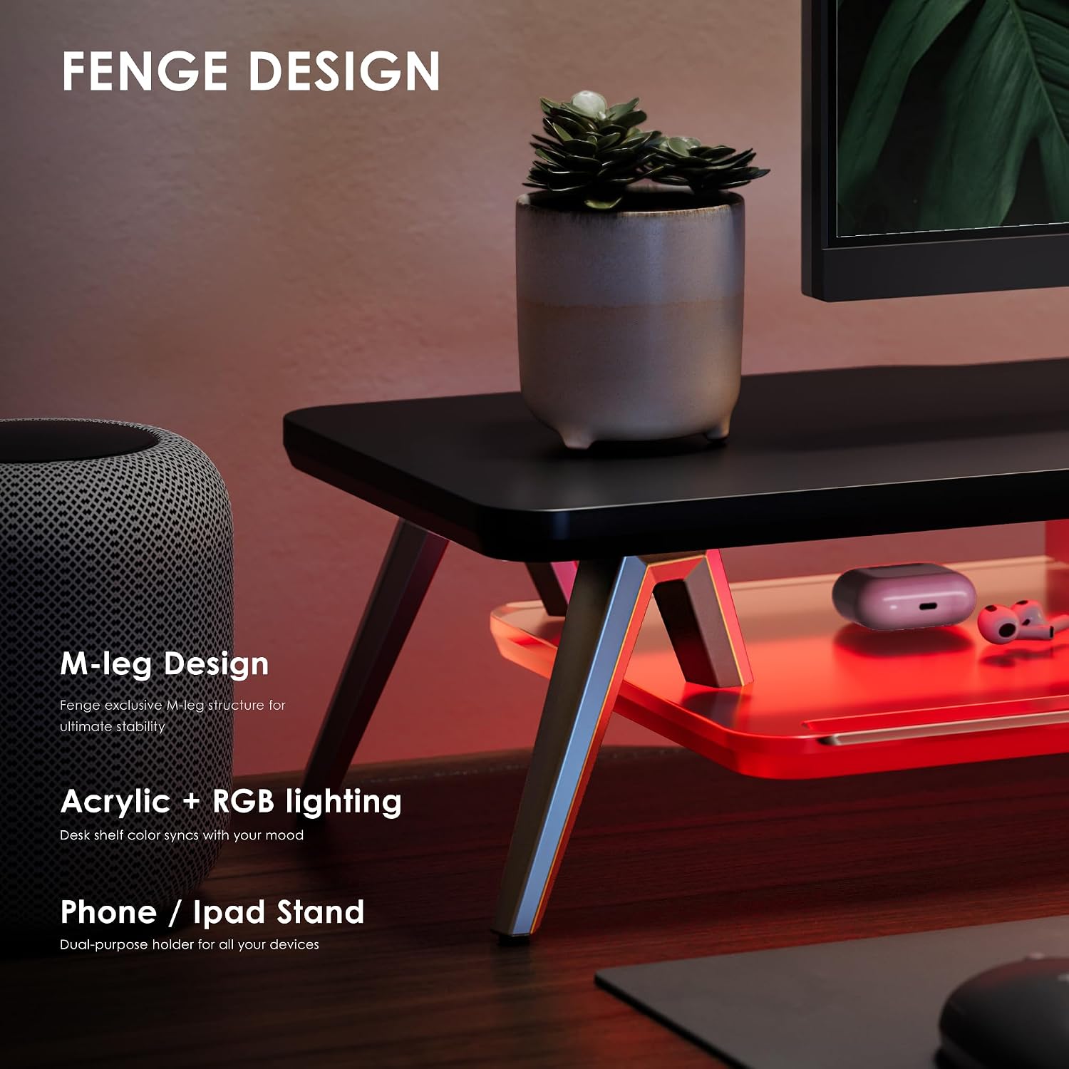 Fenge Dual Monitor Stand, 2 Tiers Acrylic Monitor Riser with LED Lights, 42.5 Inch Wood and Aluminum Desk Shelf with Phone and Tablet Holder