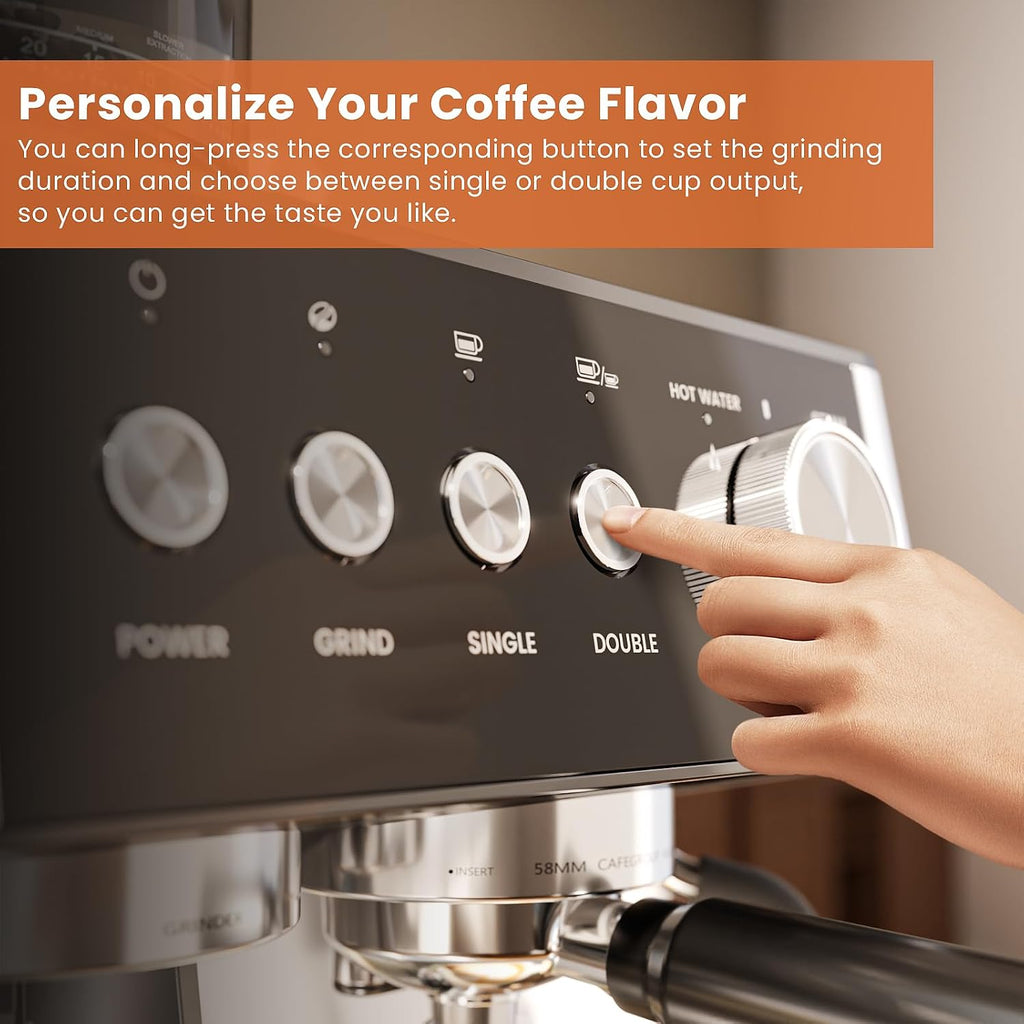 WAA Espresso Machine 20 Bar, Expresso Coffee Machines with Grinder, Espresso Maker with Milk Frother Steam Wand, Latte & Cappuccino Machine with Removable Water Tank for Home, Stainless Steel