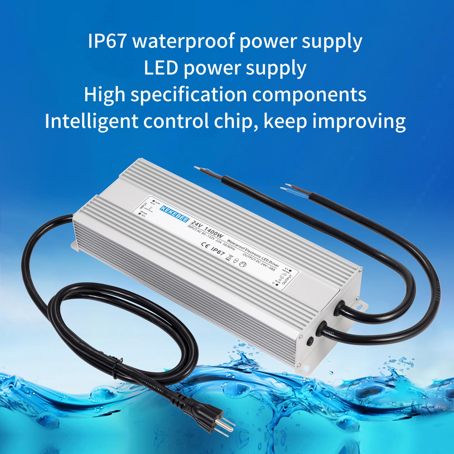 LED Driver 24V1400W Waterproof Power Supply AC90-132V to DC24V58A High Power Switching Power Supply IP67 Transformer Suitable for Indoor and Outdoor LED Lighting and Any 24V DC Equipment