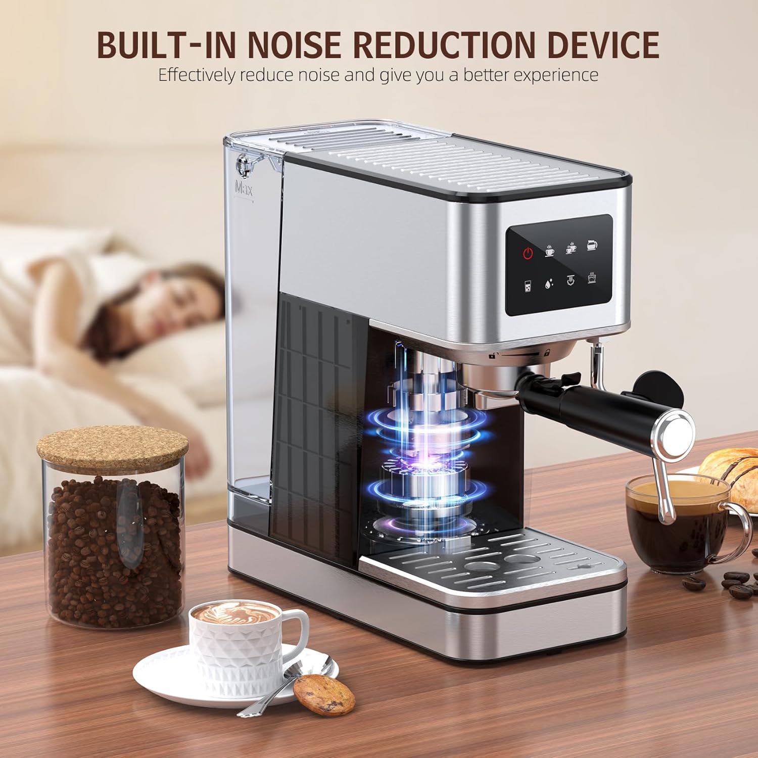Espresso Machine with Milk Frother, 20 Bar Compact Coffee Machine with Touch Screen & 57.5oz Removable Water Tank for Home, Stainless Steel Espresso Maker for Cappuccino, Latte, Silver