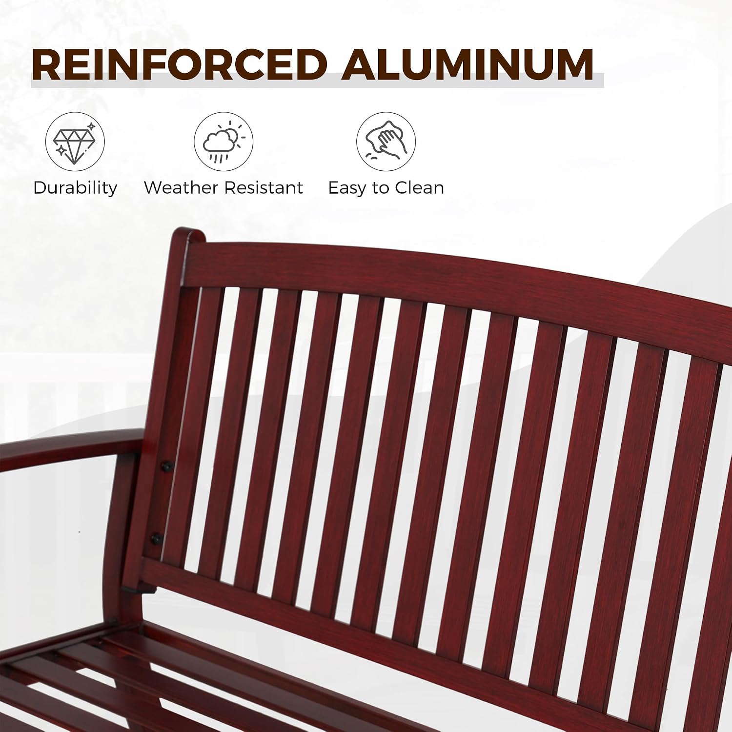 Grand patio 52' Farmhouse Outdoor Bench, Garden Benches with Anti-Rust Aluminum Powder Coated Frame, Faux Wood Grain Finish Frame Patio Bench for Front Porch, Red