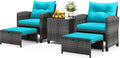 ORALNER 5 Pieces Patio Furniture Set with Ottoman, Wicker Conversation Set w/Cushions, Glass Coffee Table, Outdoor Lounger Rattan Chairs Bistro Set for Porch Balcony Garden Deck Poolside (Turquoise)