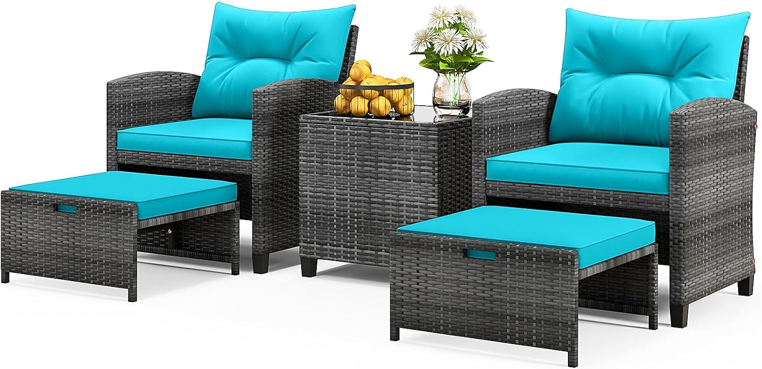 ORALNER 5 Pieces Patio Furniture Set with Ottoman, Wicker Conversation Set w/Cushions, Glass Coffee Table, Outdoor Lounger Rattan Chairs Bistro Set for Porch Balcony Garden Deck Poolside (Turquoise)