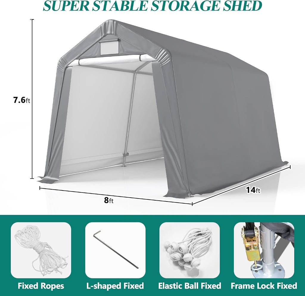 GARTOO 8' x 14' Outdoor Storage Shelter Shed- Heavy Duty Storage Tent with Roll-up Ventilated Windows, Portable Garage Zipper Storage shed for Bike, ATV, Motorcycle Shelter, Gray