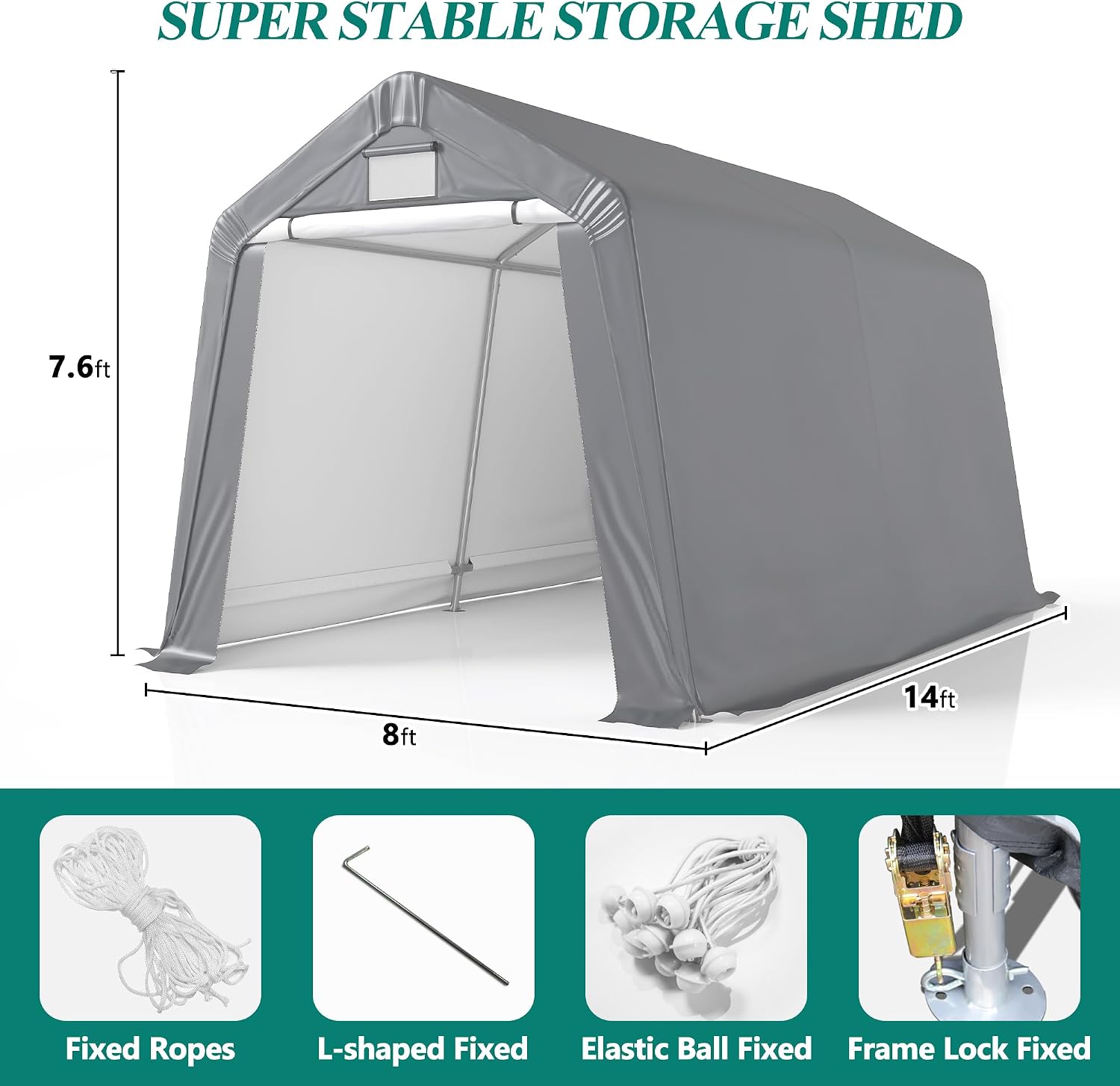 GARTOO 8' x 14' Outdoor Storage Shelter Shed- Heavy Duty Storage Tent with Roll-up Ventilated Windows, Portable Garage Zipper Storage shed for Bike, ATV, Motorcycle Shelter, Gray