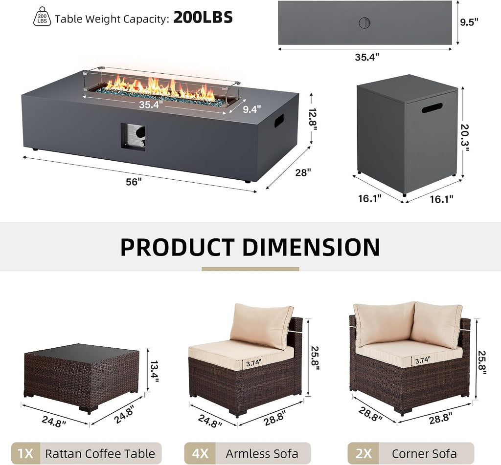 UPHA 9 Pieces Patio Furniture Sets, Wicker Outdoor Sectional Sofa Couch with Rectangle Propane Pit for Deck Backyard Garden, Brown Rattan, Beige Cushion