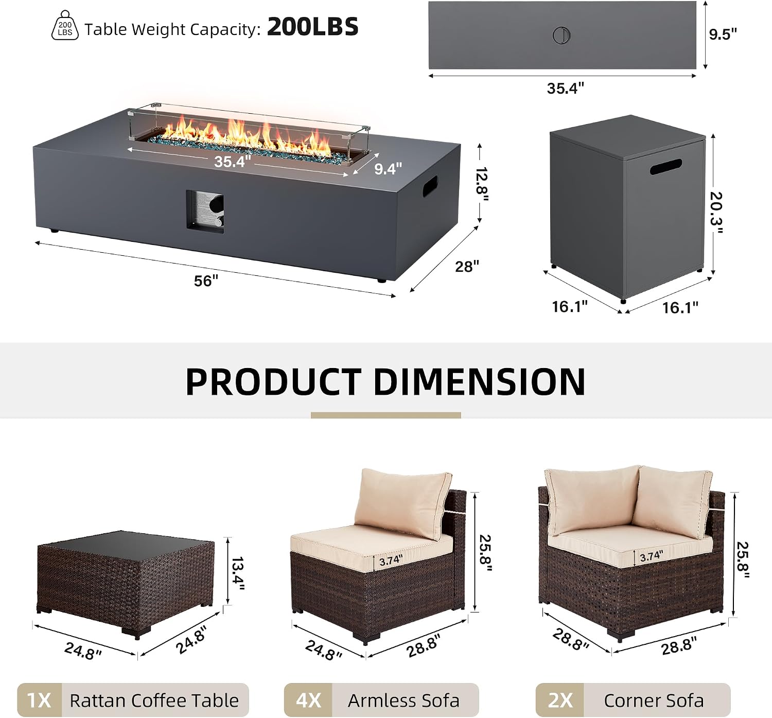UPHA 9 Pieces Patio Furniture Sets, Wicker Outdoor Sectional Sofa Couch with Rectangle Propane Pit for Deck Backyard Garden, Brown Rattan, Beige Cushion