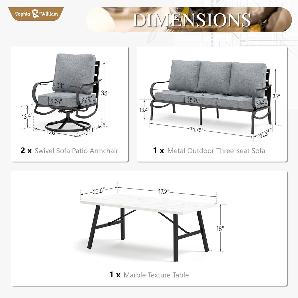 Sophia & William Patio Furniture Sets 5 Seats Outdoor Metal Conversation Sets 4 Pcs with 2 x Cushioned Swivel Sofa Chairs,1 x 3-Seat Sofa, 1x Marbling Metal Coffee Table Lawn Backyard Poolside Grey
