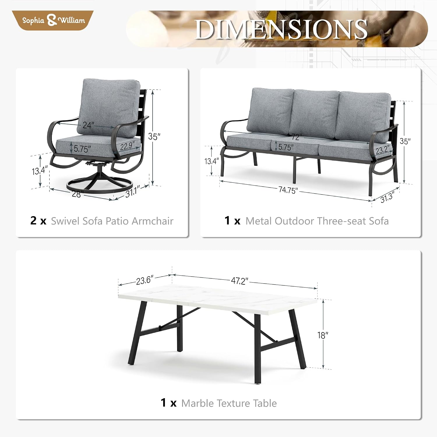 Sophia & William Patio Furniture Sets 5 Seats Outdoor Metal Conversation Sets 4 Pcs with 2 x Cushioned Swivel Sofa Chairs,1 x 3-Seat Sofa, 1x Marbling Metal Coffee Table Lawn Backyard Poolside Grey